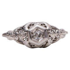 Art Deco Single Cut Diamond 18 Karat White Gold Filigree Solitaire Vintage