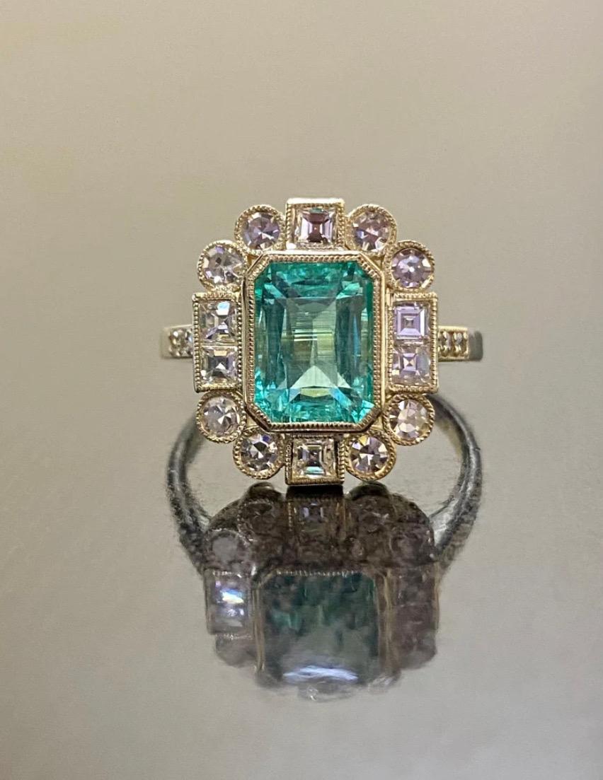 Art Deco Single Cut Diamond Elongated Gia Colombian Emerald Engagement Ring For Sale 5