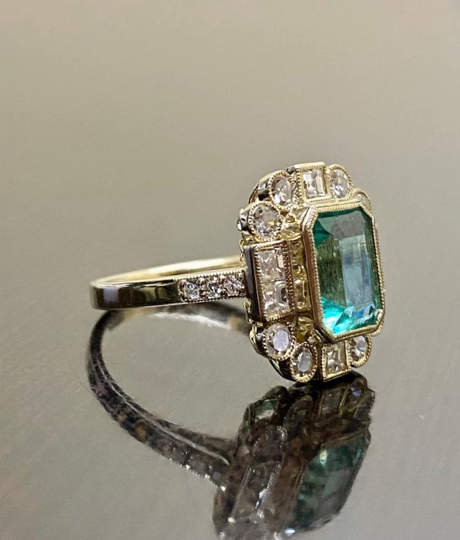 Emerald Cut Art Deco Single Cut Diamond Elongated Gia Colombian Emerald Engagement Ring For Sale