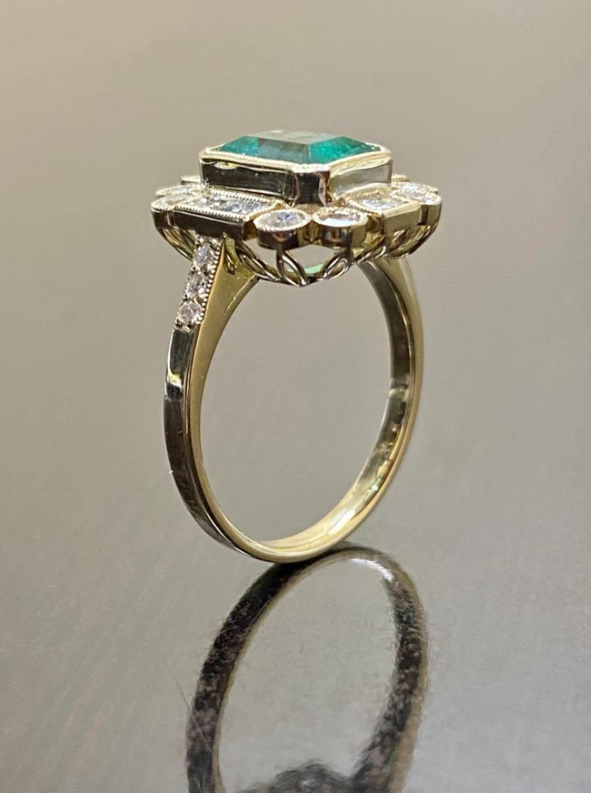 Women's or Men's Art Deco Single Cut Diamond Elongated Gia Colombian Emerald Engagement Ring For Sale