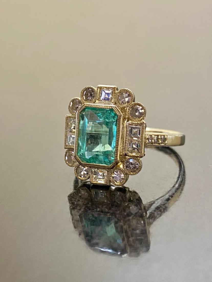 Art Deco Single Cut Diamond Elongated Gia Colombian Emerald Engagement Ring For Sale 3