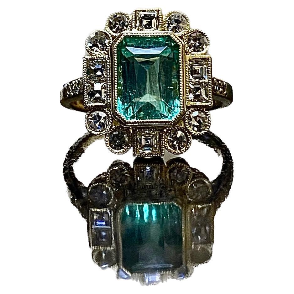Art Deco Single Cut Diamond Elongated Gia Colombian Emerald Engagement Ring For Sale
