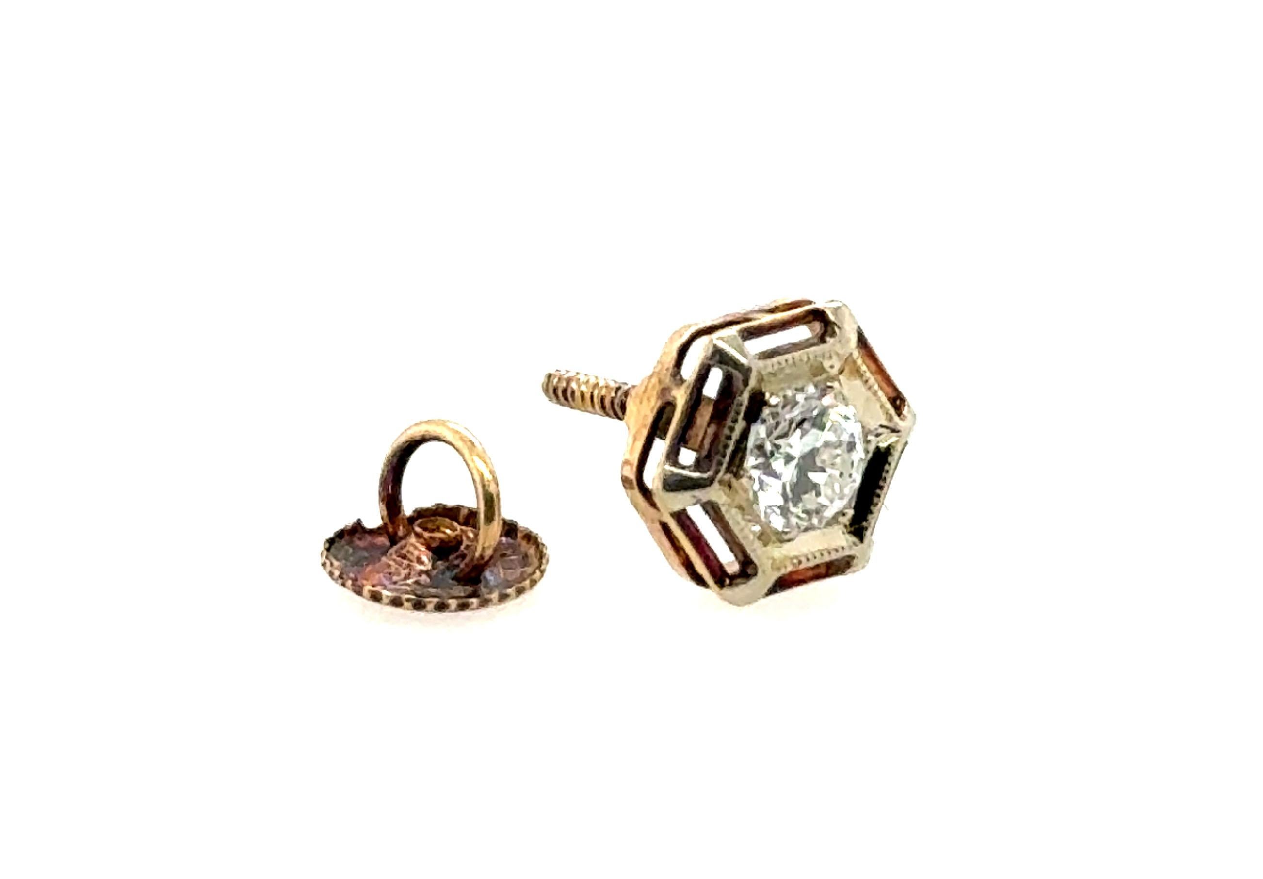 Art Deco Single Diamond Stud Earring Old Euro Mined .20ct Screwback 1920's In Excellent Condition For Sale In Dearborn, MI