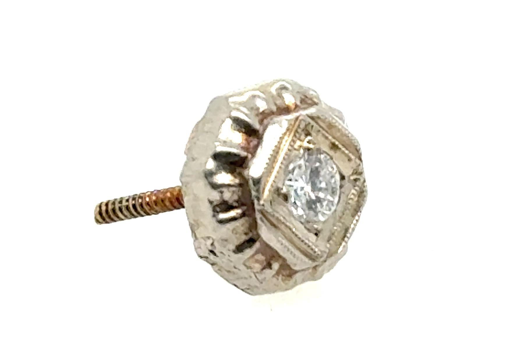 Art Deco Single Diamond Stud Earring Old European 14K Mined Screwback