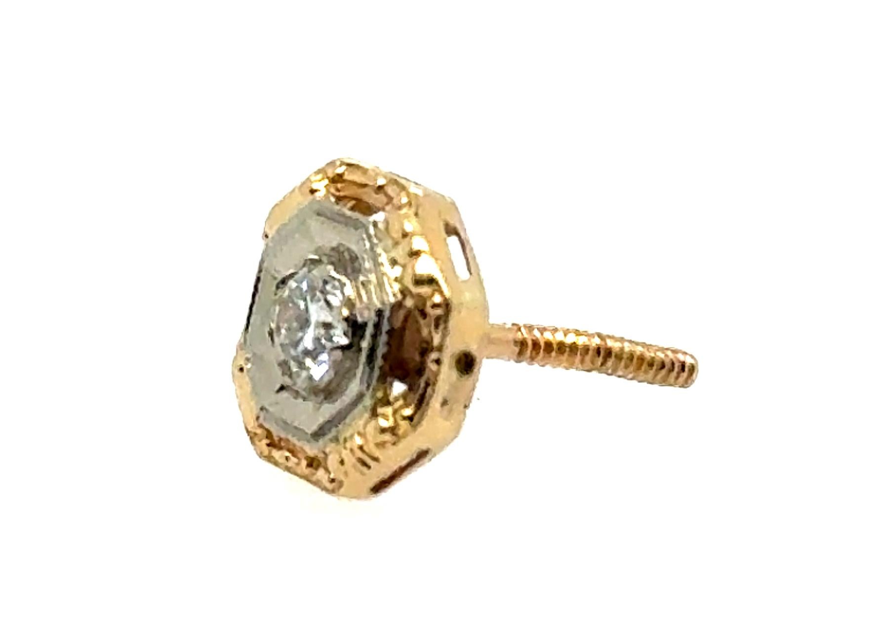Taille vieille Europe Art Deco Single Diamond Stud Earring Old European Cut Mined Screwback Original en vente