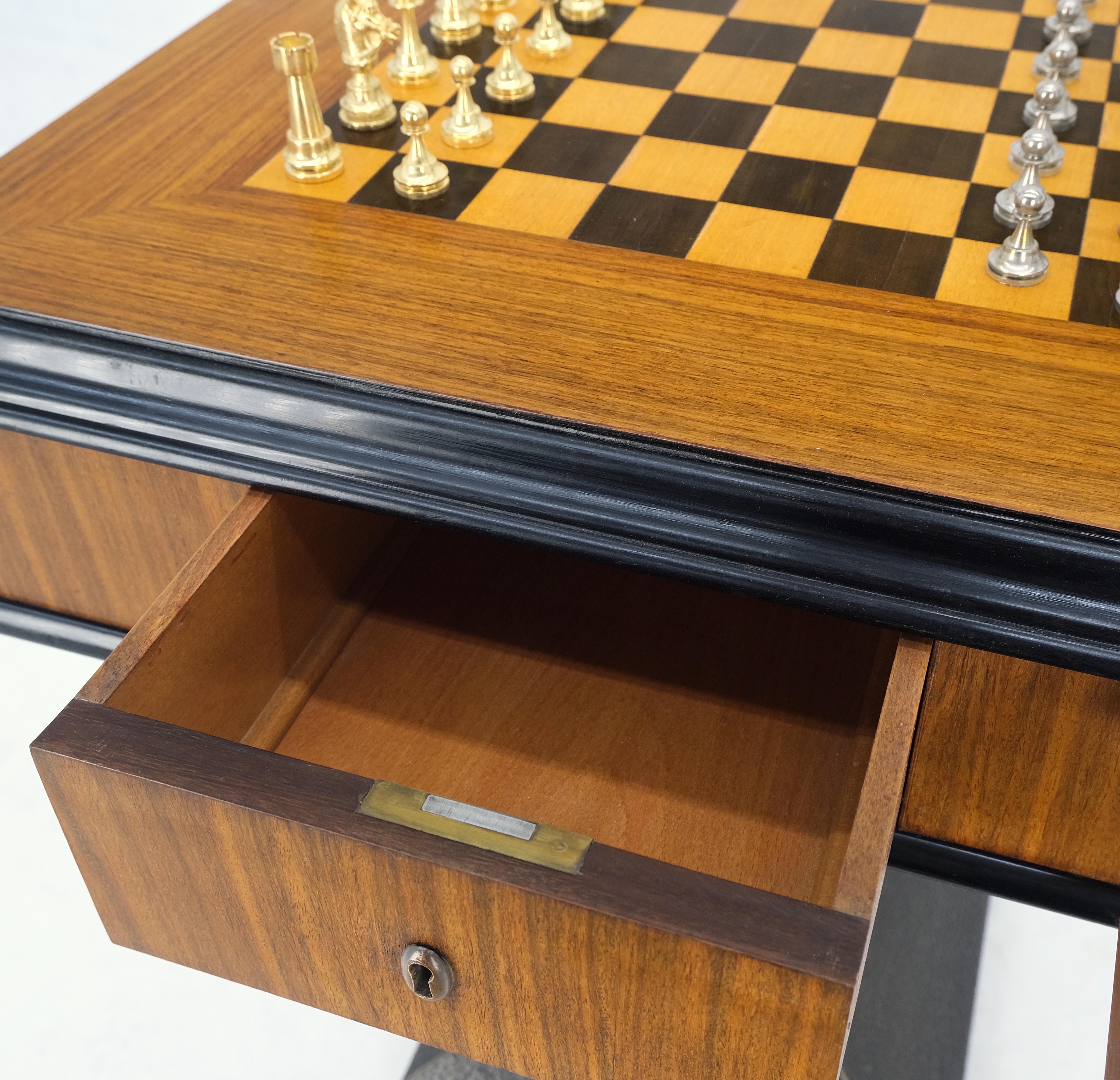 Brass Art Deco Single Pedestal Square Game Table Pull Out Trays Chess Board Set Mint! For Sale