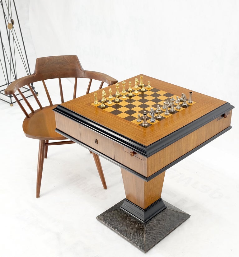 Art Deco Single Pedestal Square Game Table Pull Out Trays Chess Board