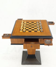 Art Deco Single Pedestal Square Game Table Pull Out Trays Chess Board Set Mint!