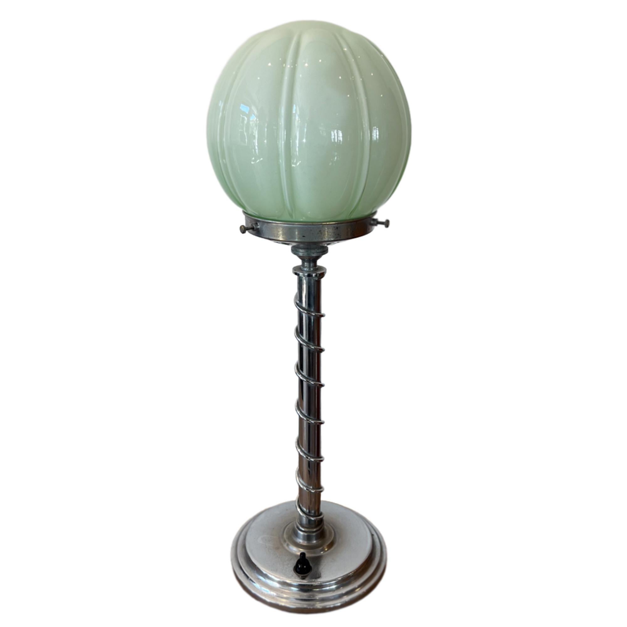 British Art Deco Single Table Lamp With a Light Celadon Opaque Glass Shade For Sale