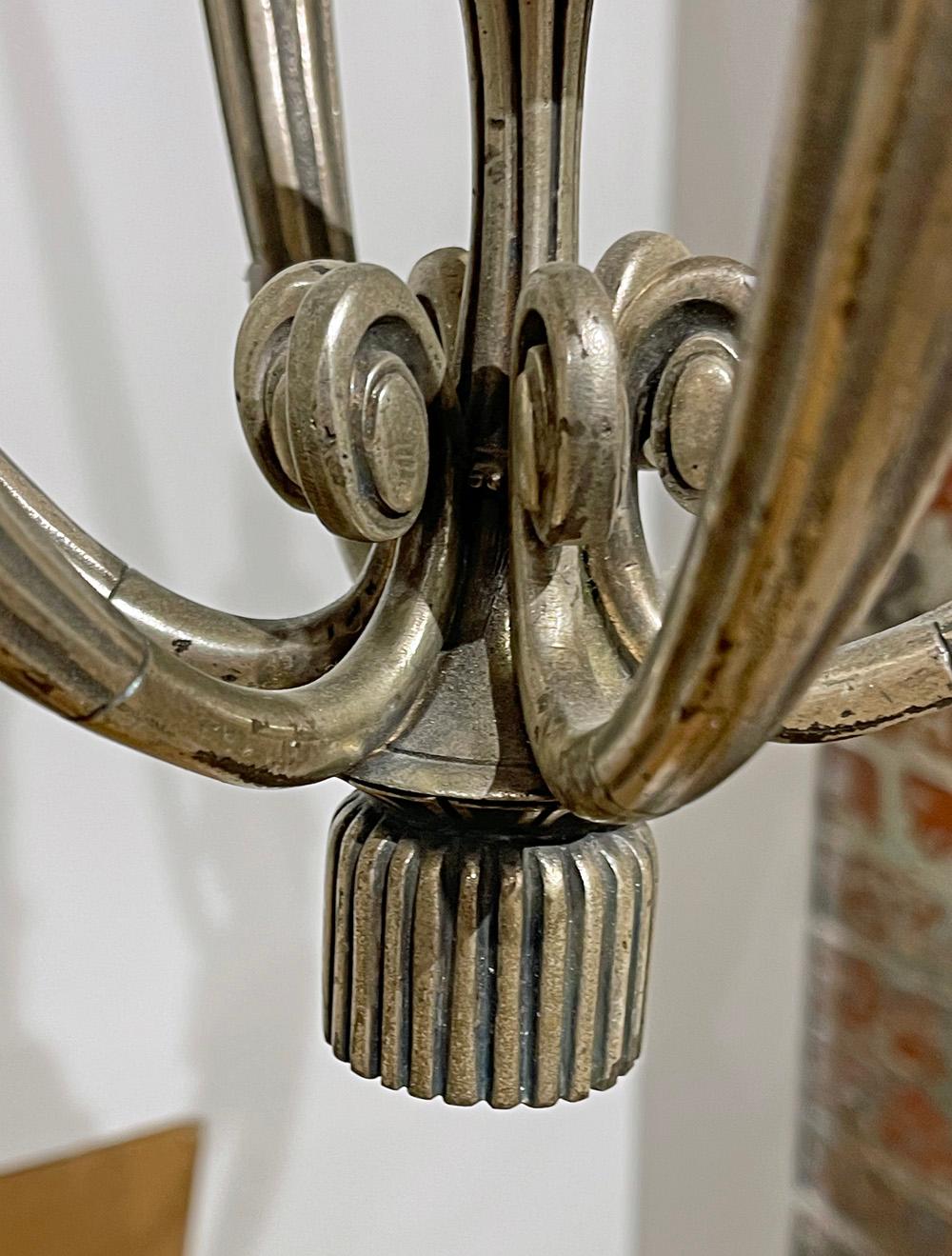 French Art Deco Six-Arm Chandelier, Silvered Bronze, Mid-1920s France For Sale