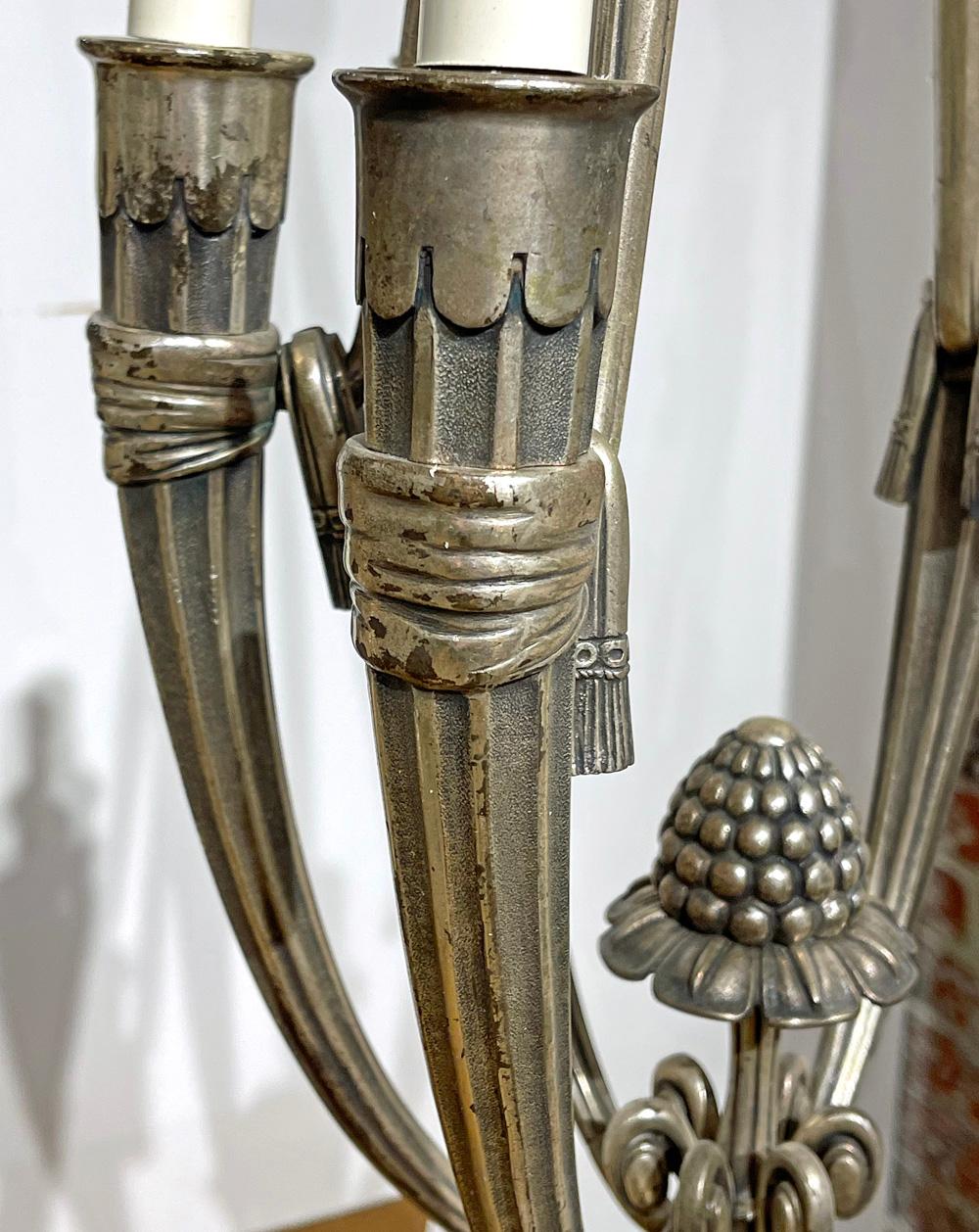 Art Deco Six-Arm Chandelier, Silvered Bronze, Mid-1920s France In Good Condition For Sale In Philadelphia, PA