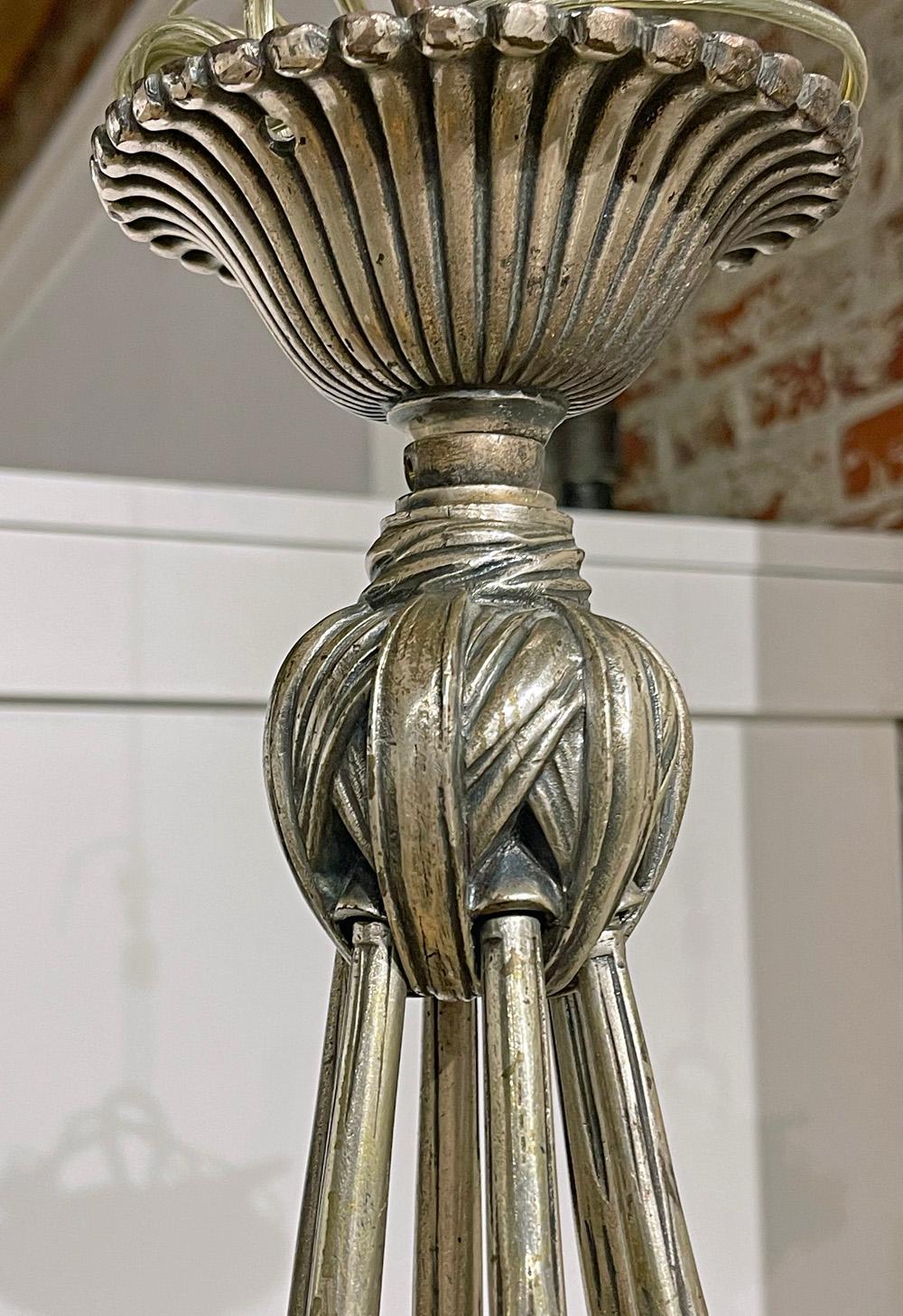 Early 20th Century Art Deco Six-Arm Chandelier, Silvered Bronze, Mid-1920s France For Sale