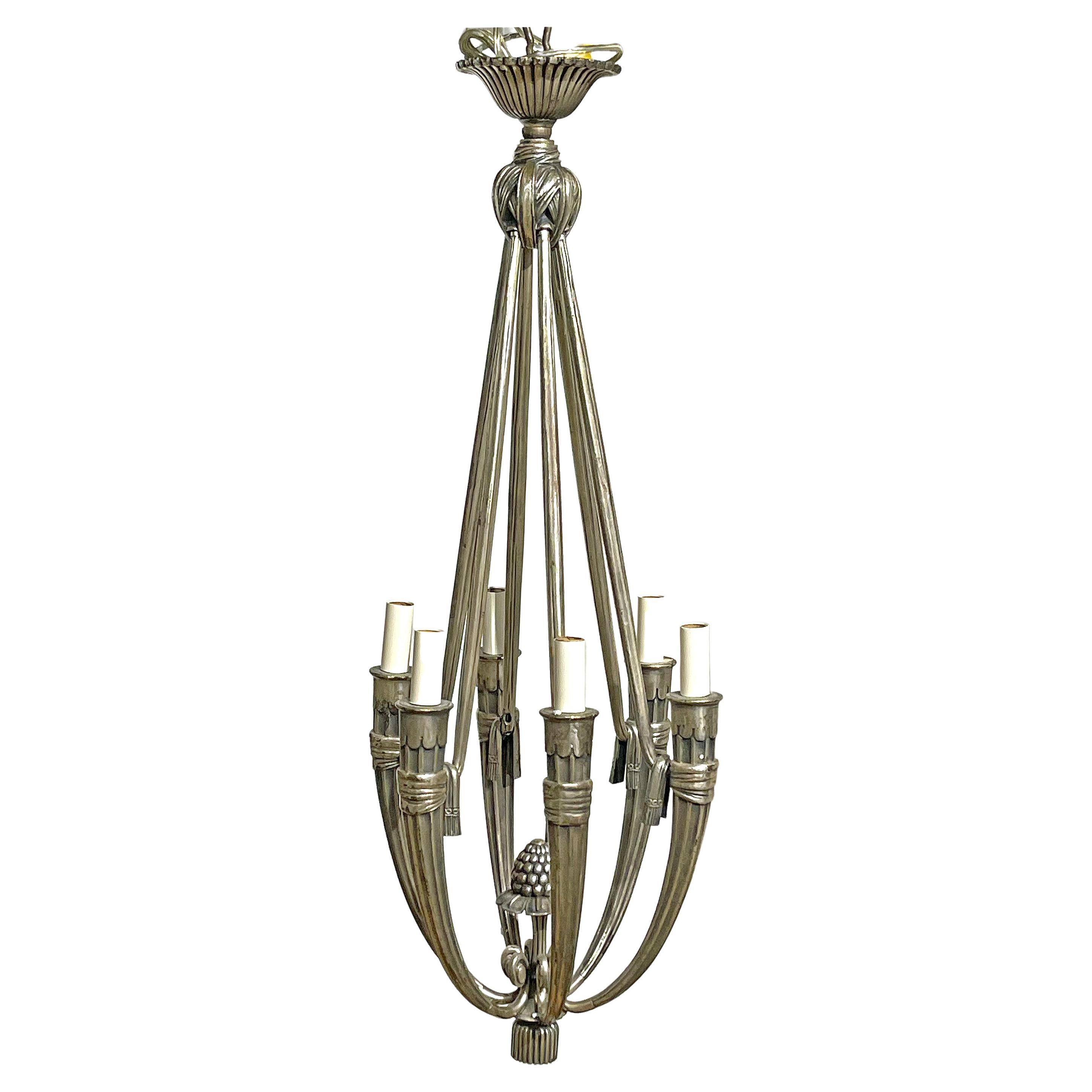 Art Deco Six-Arm Chandelier, Silvered Bronze, Mid-1920s France For Sale