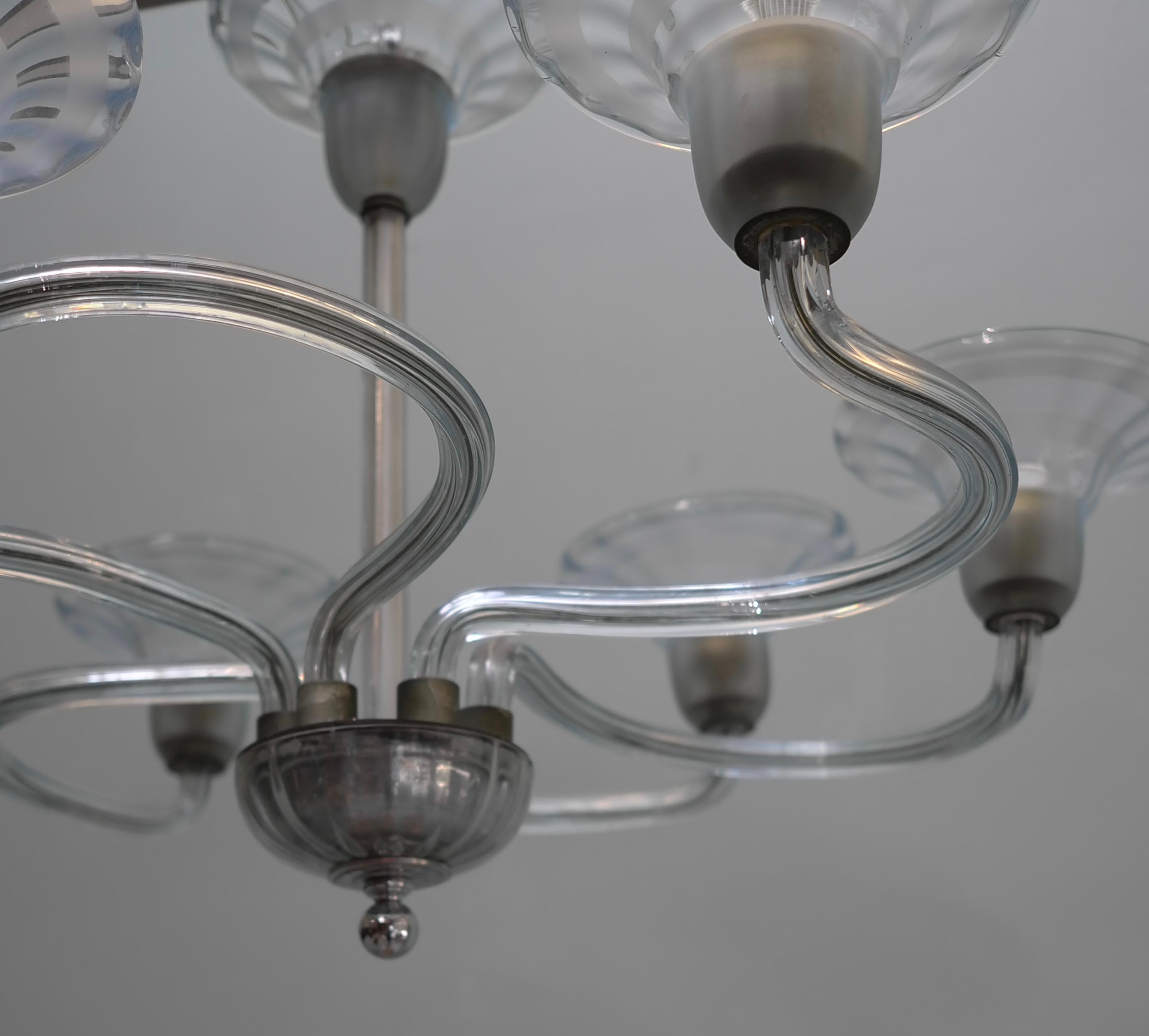 Italian Art Deco Six Arms Hand Blown Glass Chandelier by Murano Italy 1930's For Sale