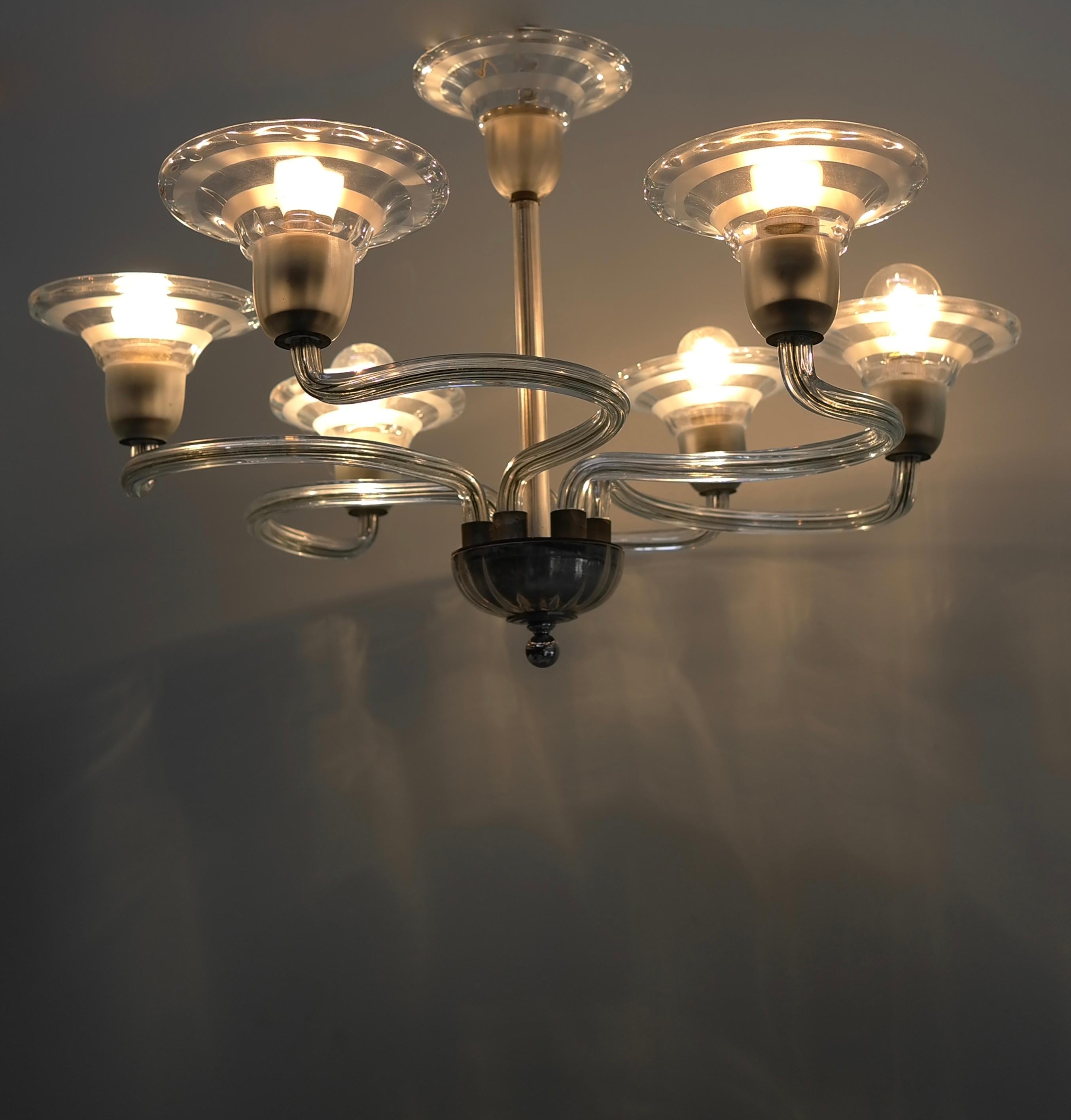 Art Deco Six Arms Hand Blown Glass Chandelier by Murano Italy 1930's In Good Condition For Sale In Den Haag, NL