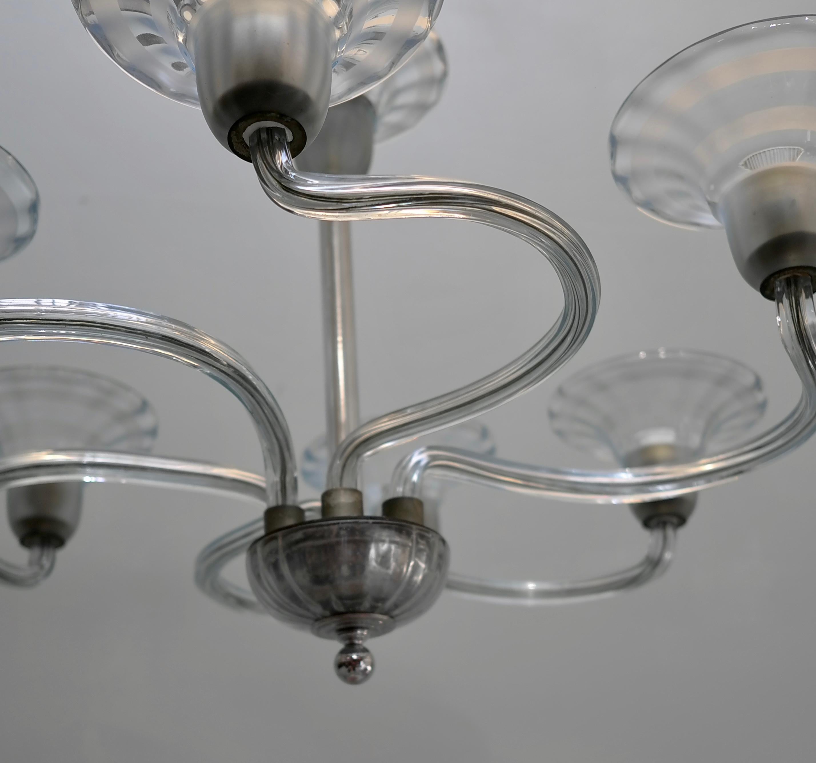 Metal Art Deco Six Arms Hand Blown Glass Chandelier by Murano Italy 1930's For Sale
