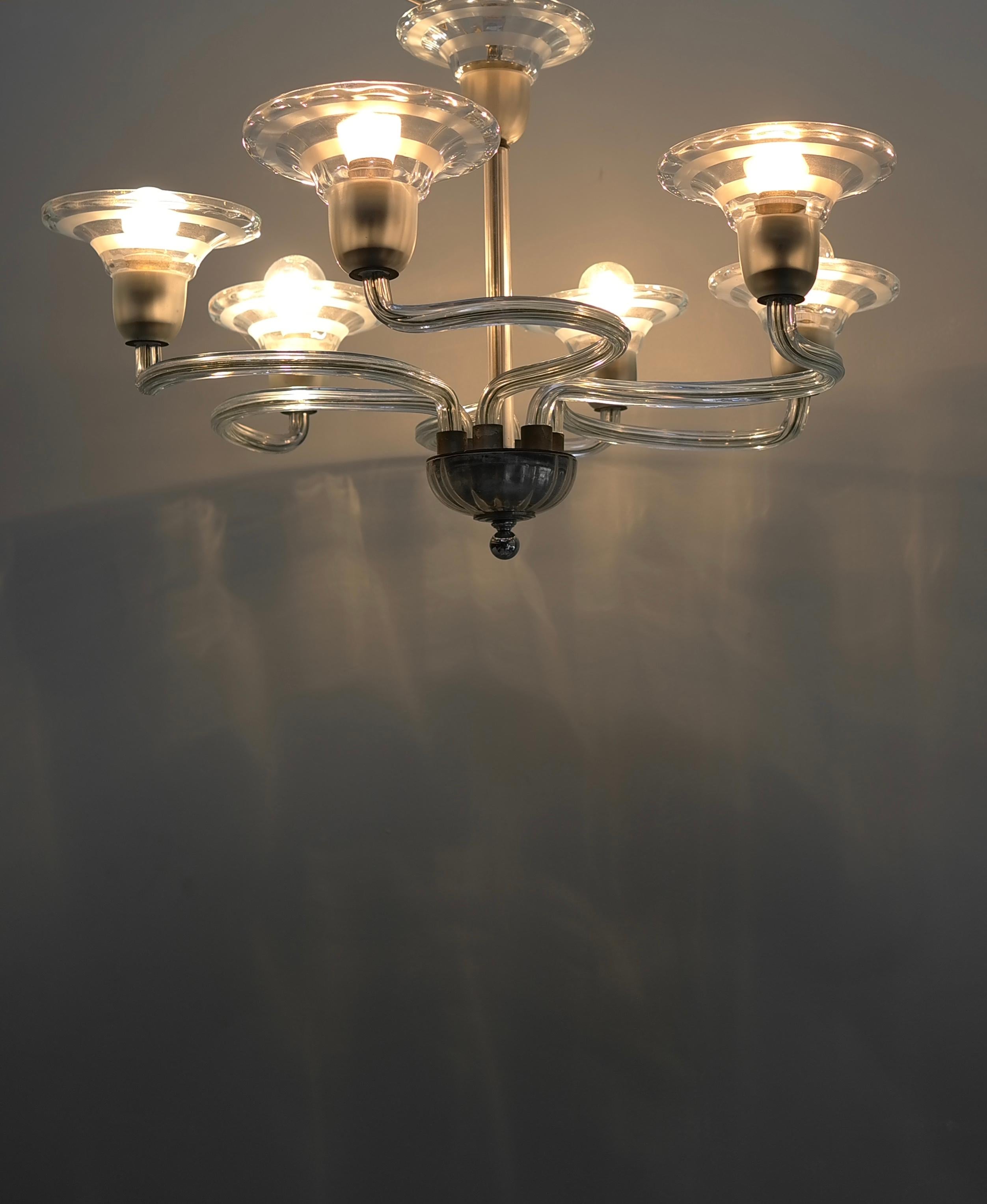 Art Deco Six Arms Hand Blown Glass Chandelier by Murano Italy 1930's For Sale 1