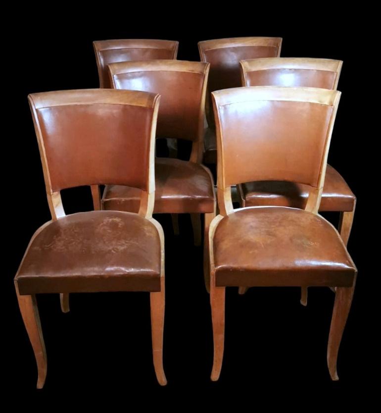 Hand-Crafted Art Deco Six French Chairs With Original 