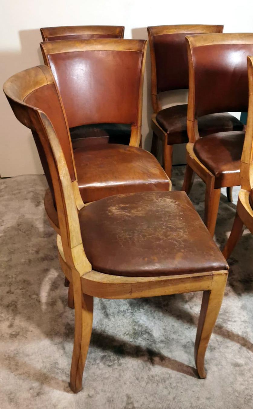 Leather Art Deco Six French Chairs With Original 