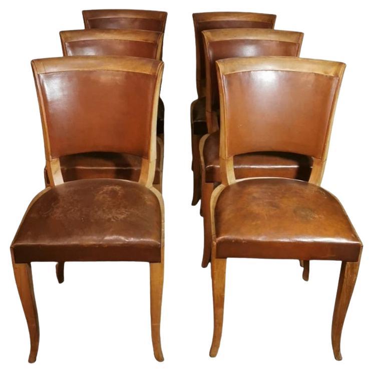 Art Deco Six French Chairs With Original "Cuoio" Upholstery