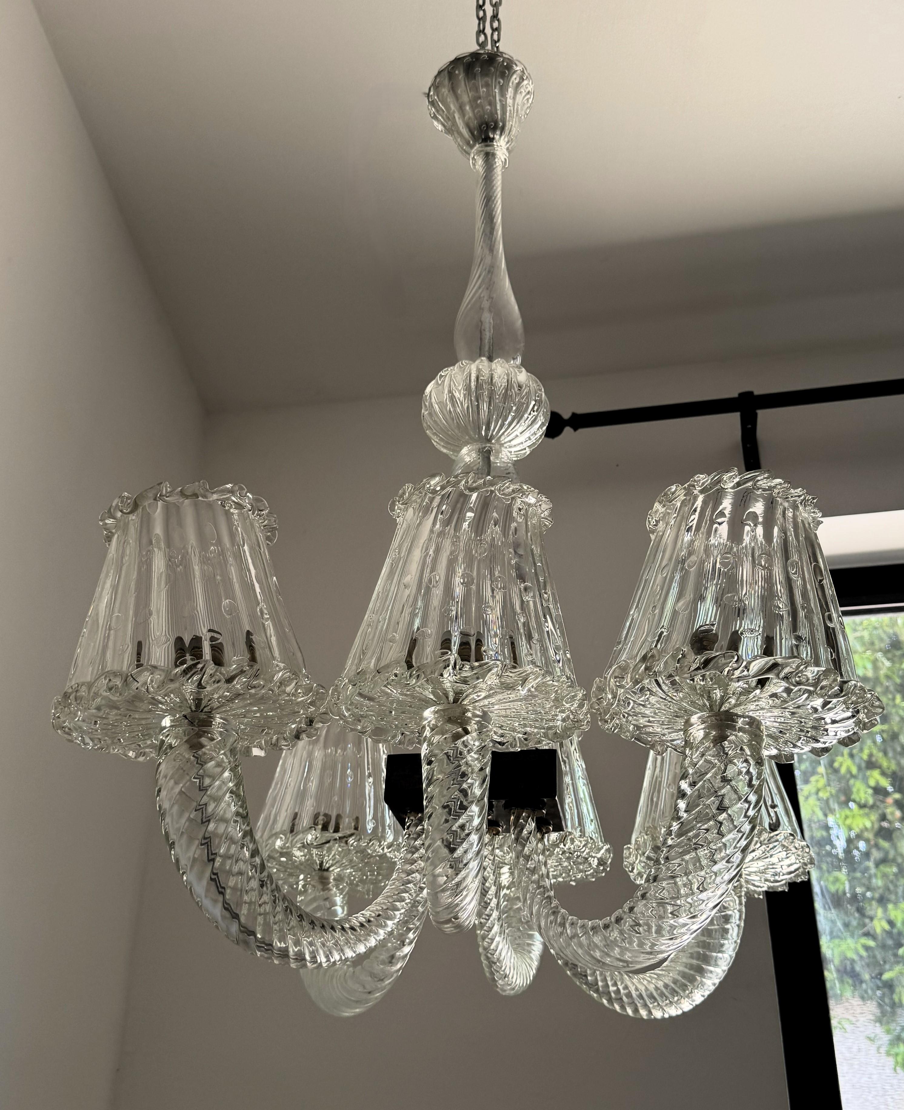 Art Deco Six Light Chandelier Attr. Barovier & Toso, Murano, Italy ca. 1930 For Sale 5
