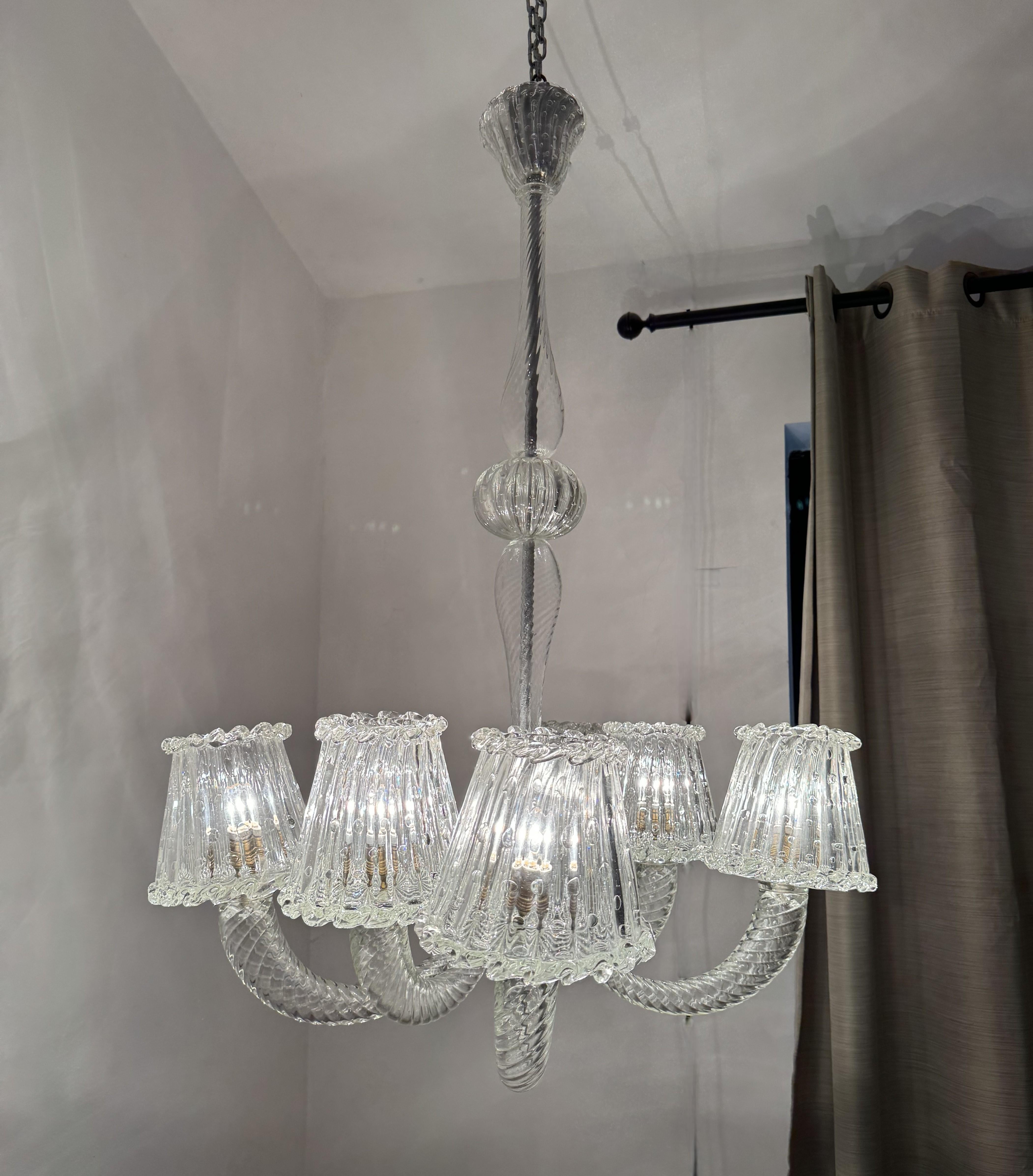 Art Deco Six Light Chandelier Attr. Barovier & Toso, Murano, Italy ca. 1930 For Sale 8