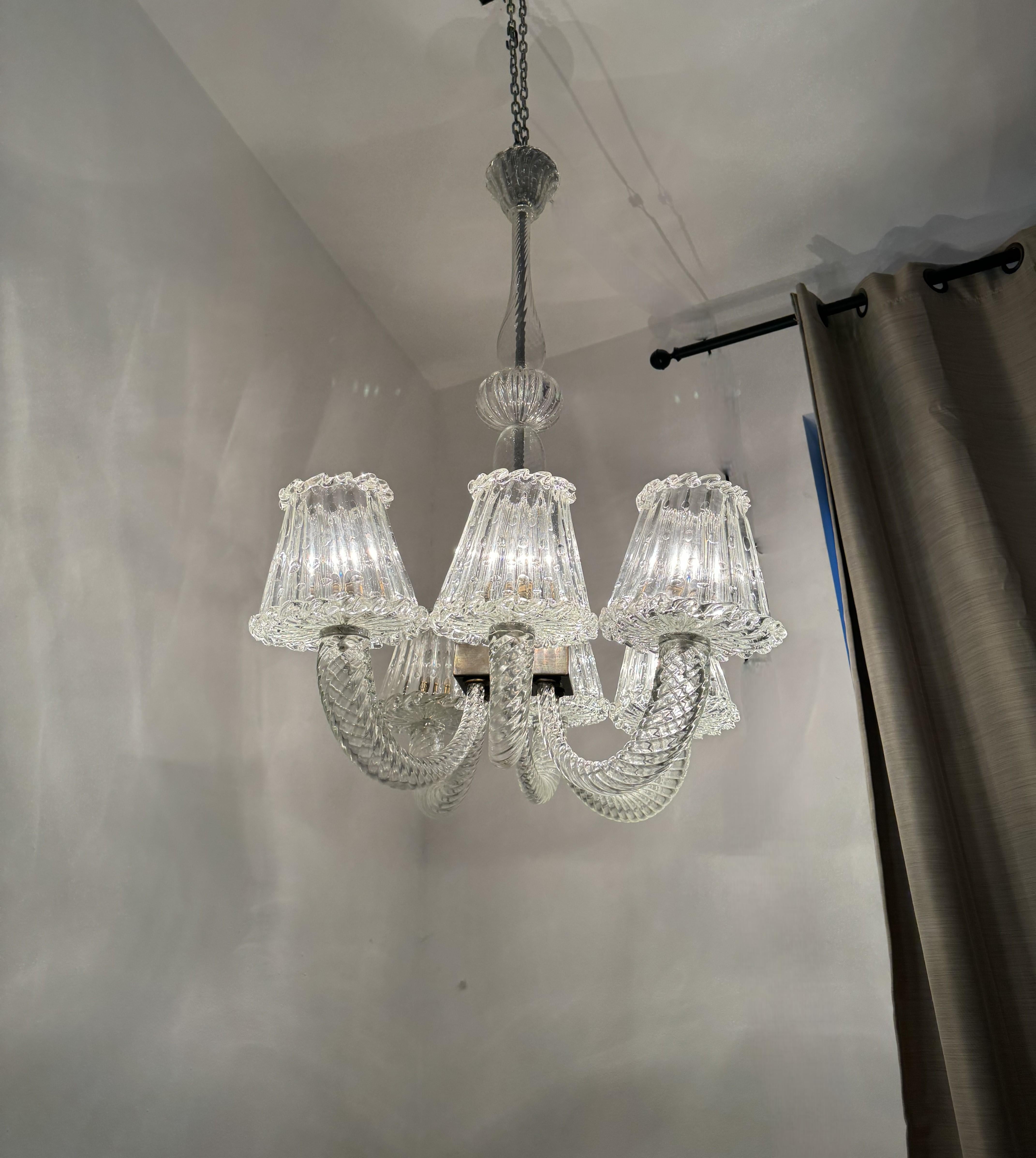 Art Deco Six Light Chandelier Attr. Barovier & Toso, Murano, Italy ca. 1930 For Sale 9