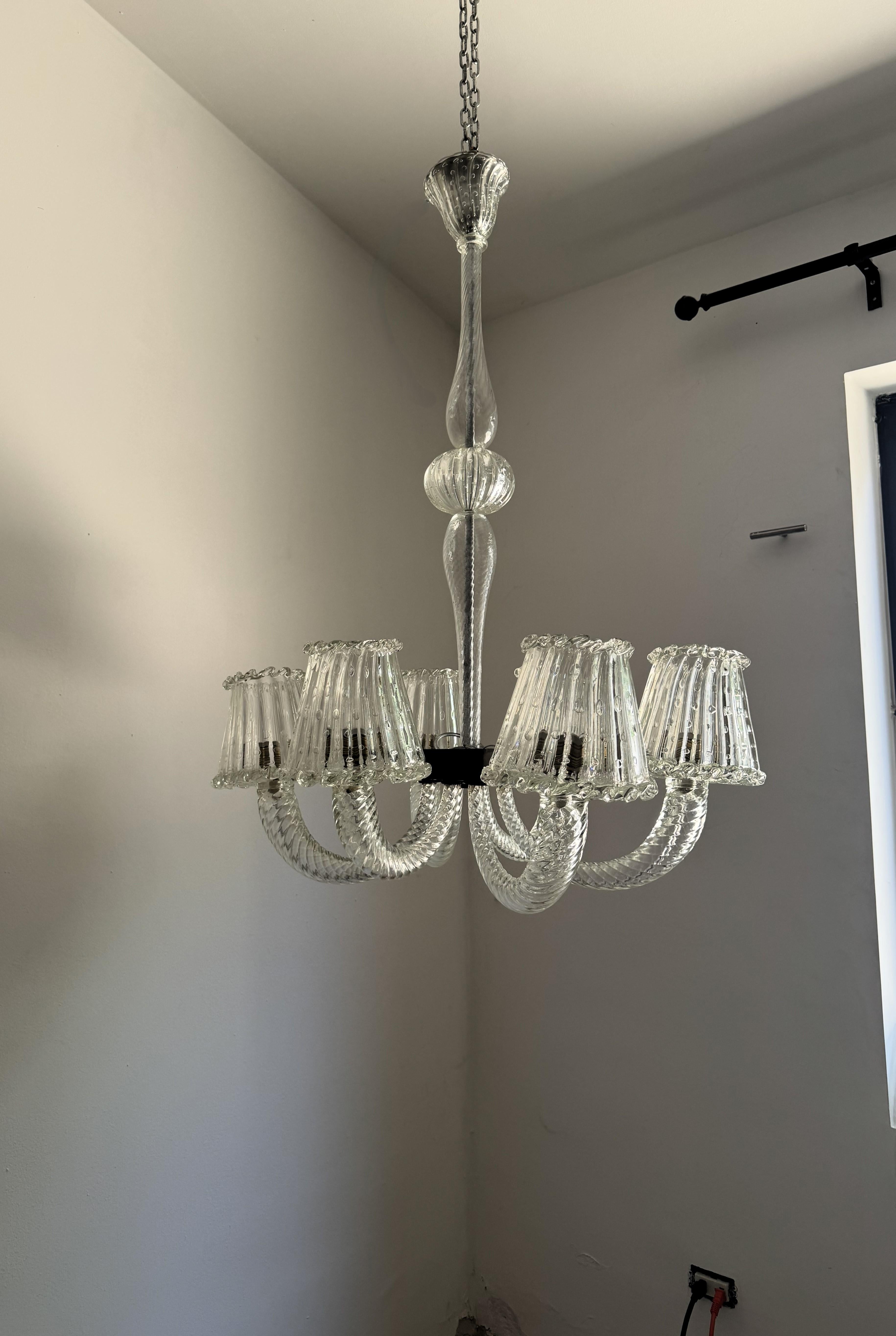 Art Deco Six Light Chandelier Attr. Barovier & Toso, Murano, Italy ca. 1930 For Sale 3