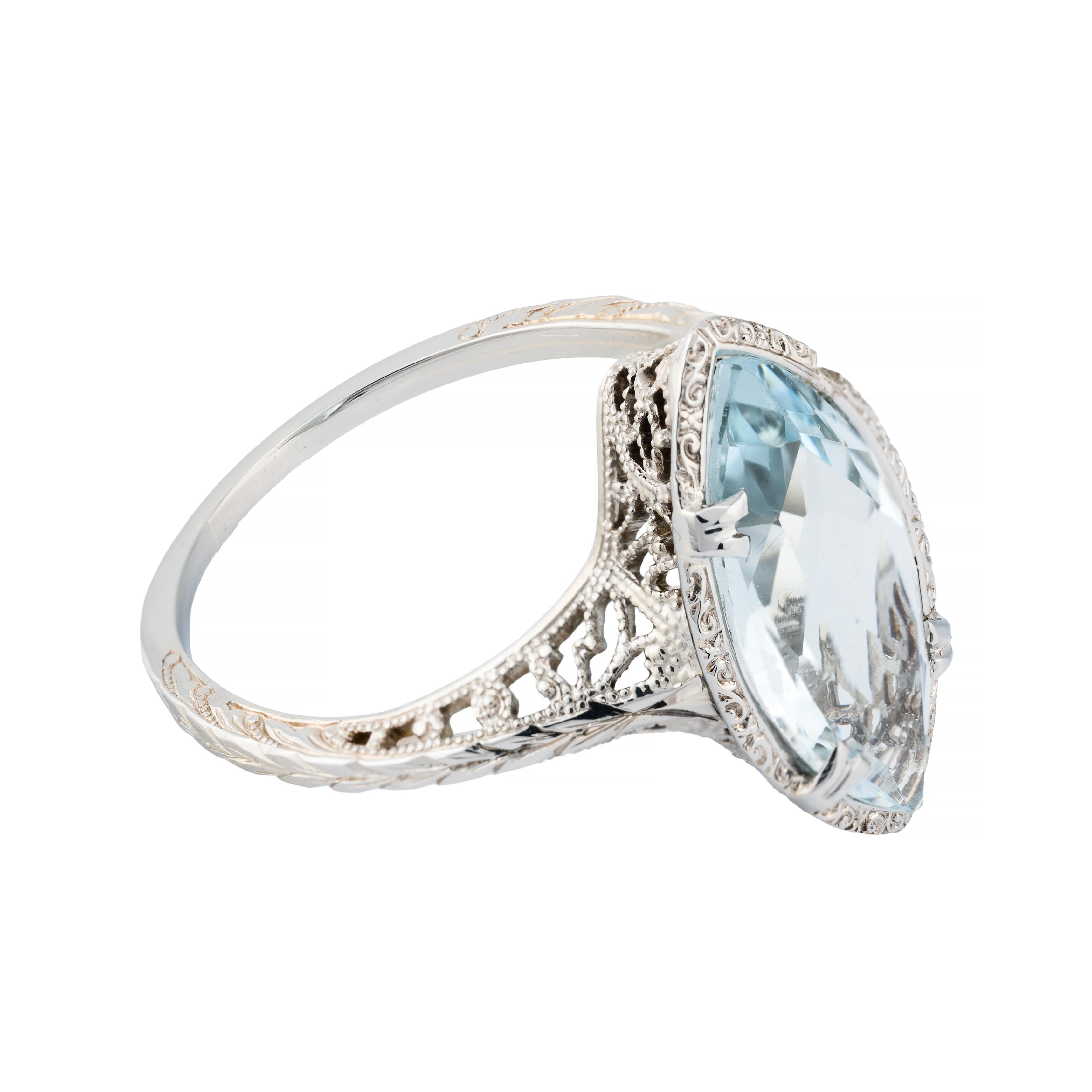 Marquise Cut Art Deco Sky Blue Aquamarine Solitaire Filigree Ring in 18 Karat White Gold For Sale