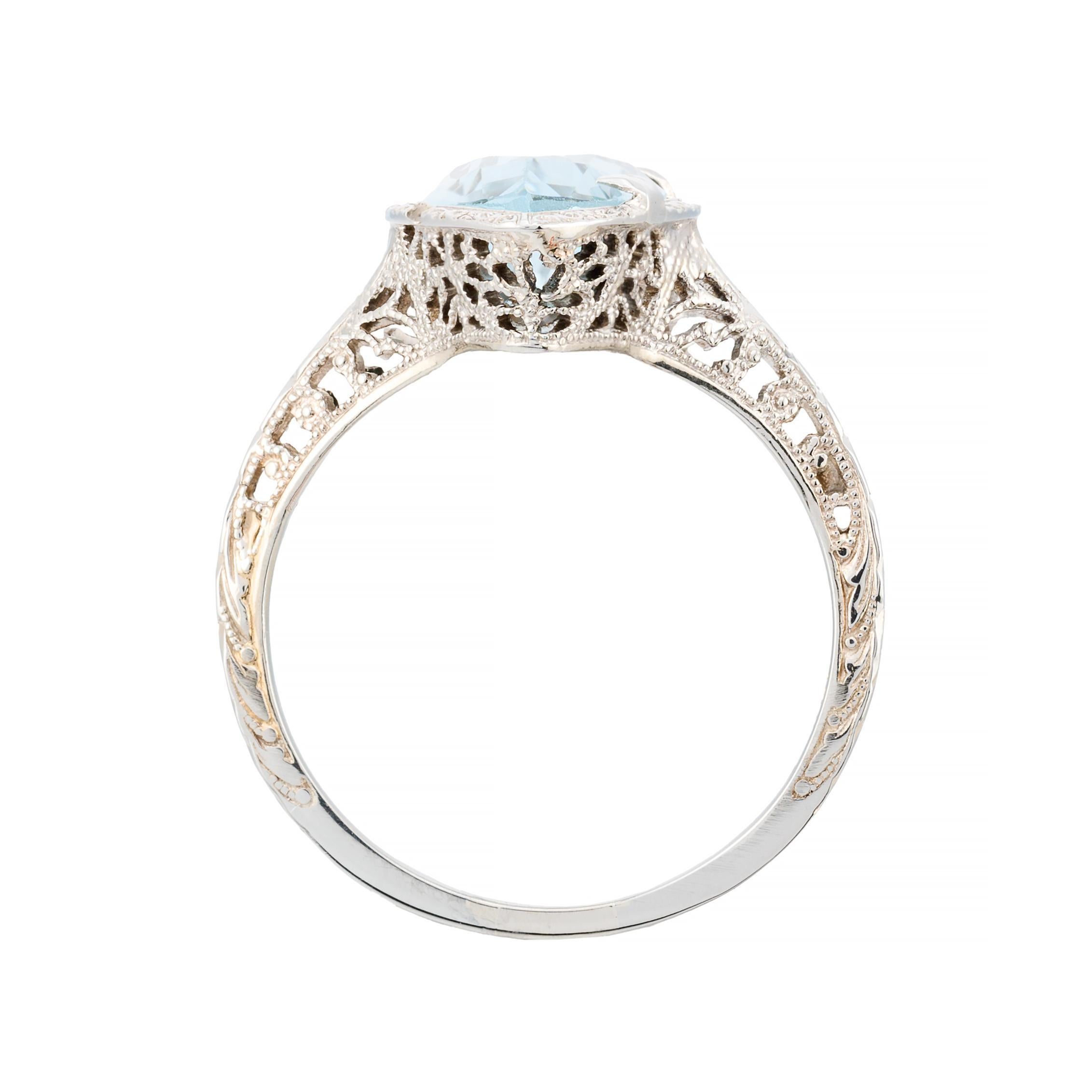 Women's Art Deco Sky Blue Aquamarine Solitaire Filigree Ring in 18 Karat White Gold For Sale
