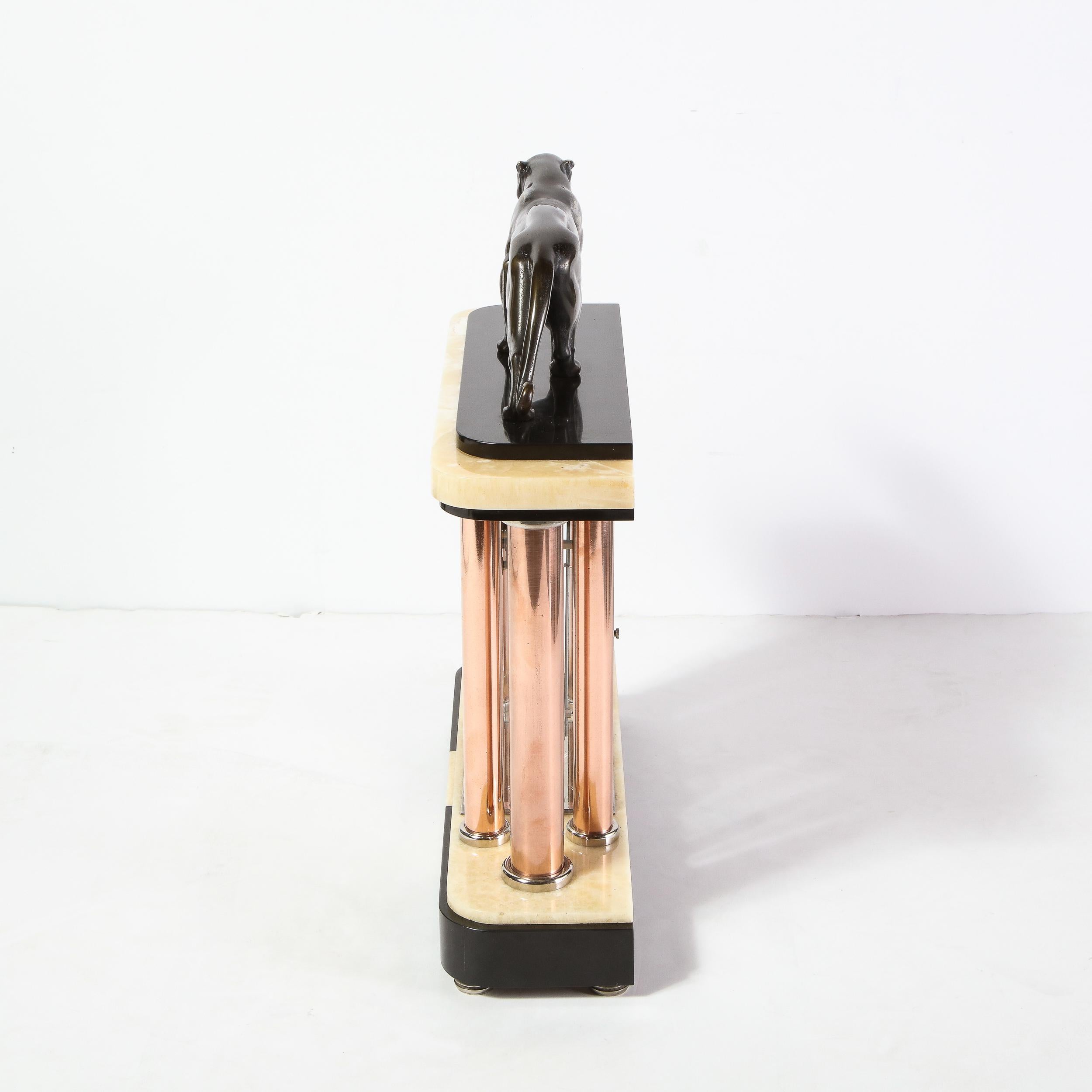 Art Deco Skyscraper Bronze, Alabaster, Chrome & Copper Panther Mantel Clock 4