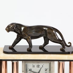 Art Deco Skyscraper Bronze, Alabaster, Chrome & Copper Panther Mantel Clock