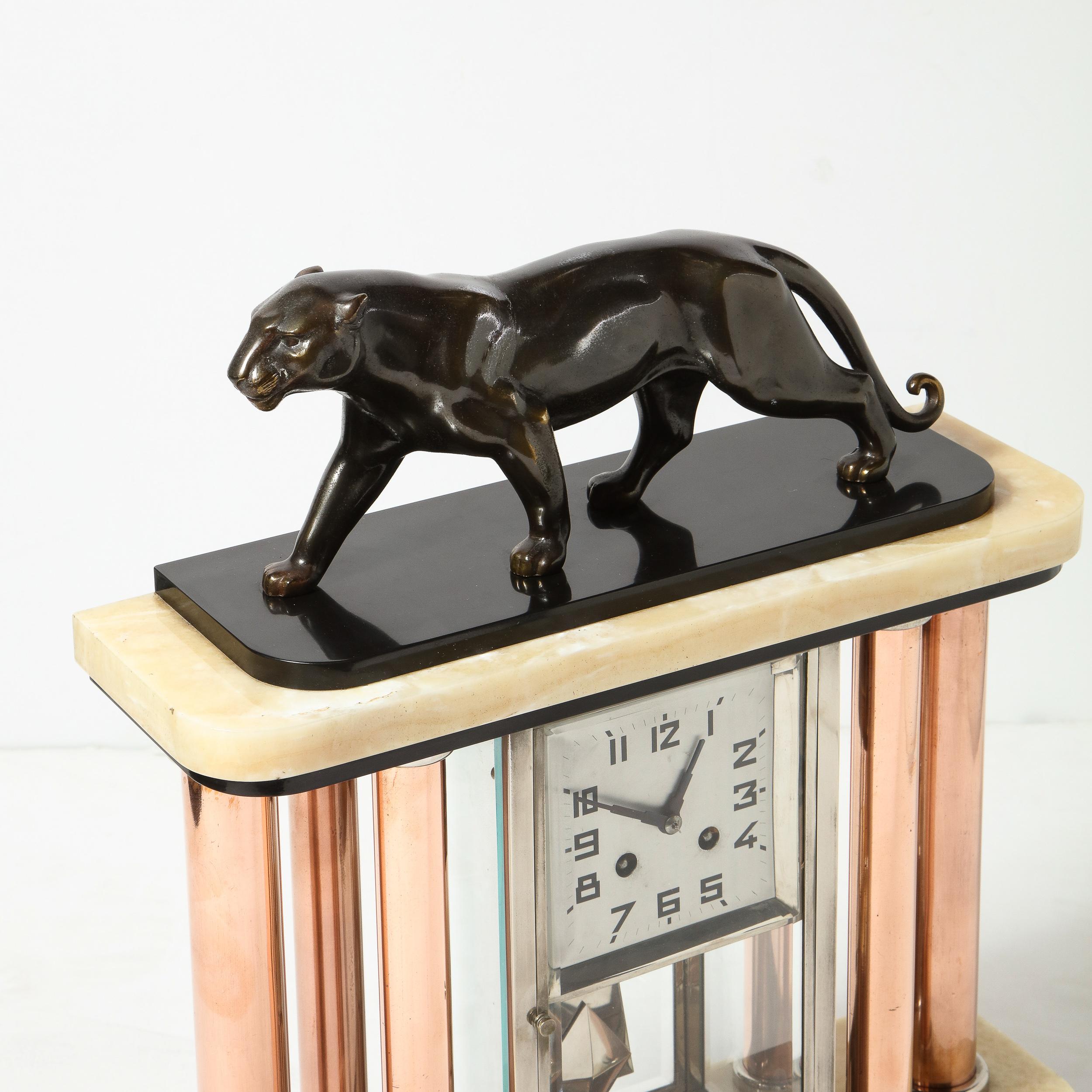 Art Deco Skyscraper Bronze, Alabaster, Chrome & Copper Panther Mantel Clock In Good Condition In New York, NY
