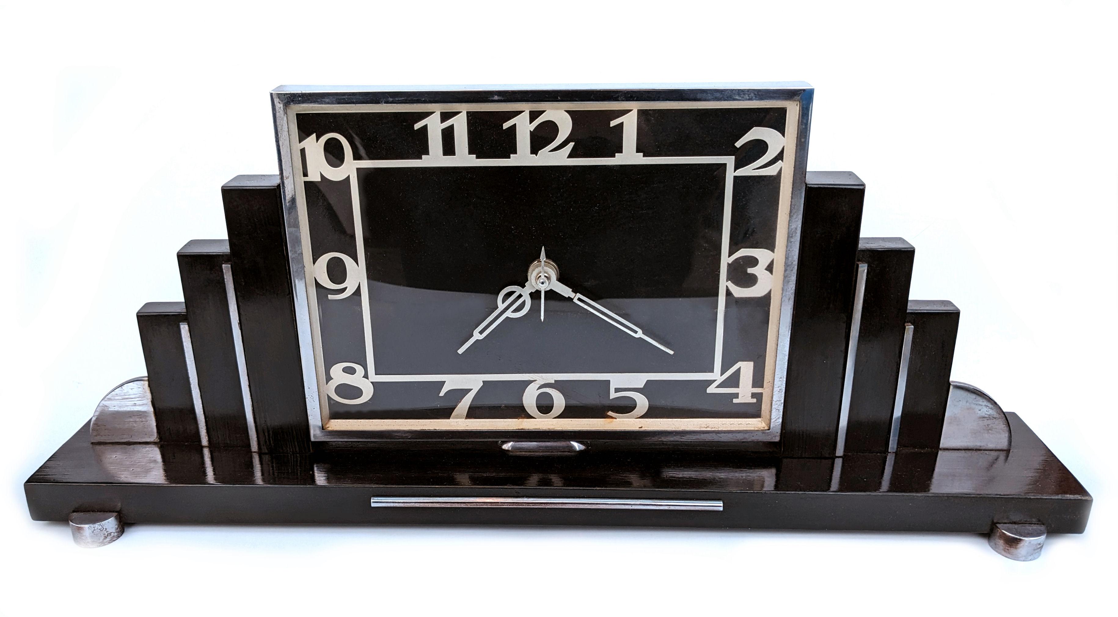 Art Deco Skyscraper Chrome & Ebonized Mantle Clock, English, circa 1930 2