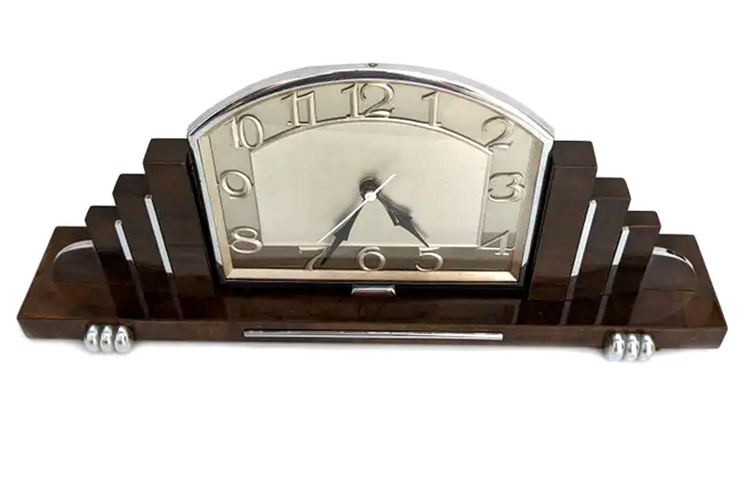 Art Deco Skyscraper Chrome & Walnut 8 Day Mantle Clock, English, circa 1930 In Good Condition In Devon, England