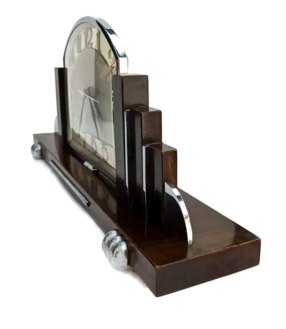 20th Century Art Deco Skyscraper Chrome & Walnut 8 Day Mantle Clock, English, circa 1930