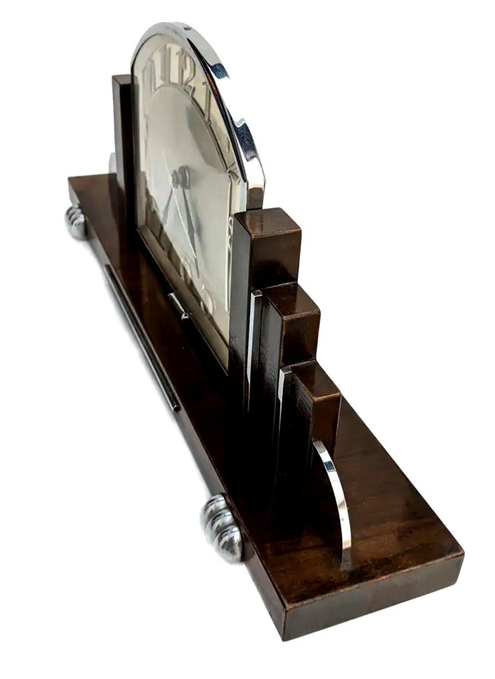 Brass Art Deco Skyscraper Chrome & Walnut 8 Day Mantle Clock, English, circa 1930