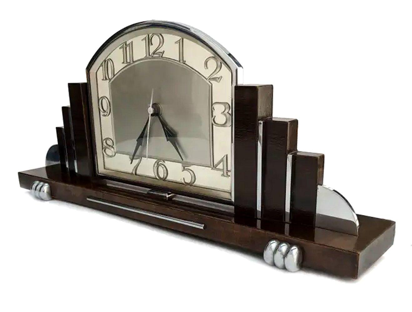 Art Deco Skyscraper Chrome & Walnut 8 Day Mantle Clock, English, circa 1930 1