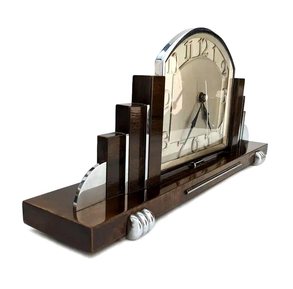 Art Deco Skyscraper Chrome & Walnut 8 Day Mantle Clock, English, circa 1930 2