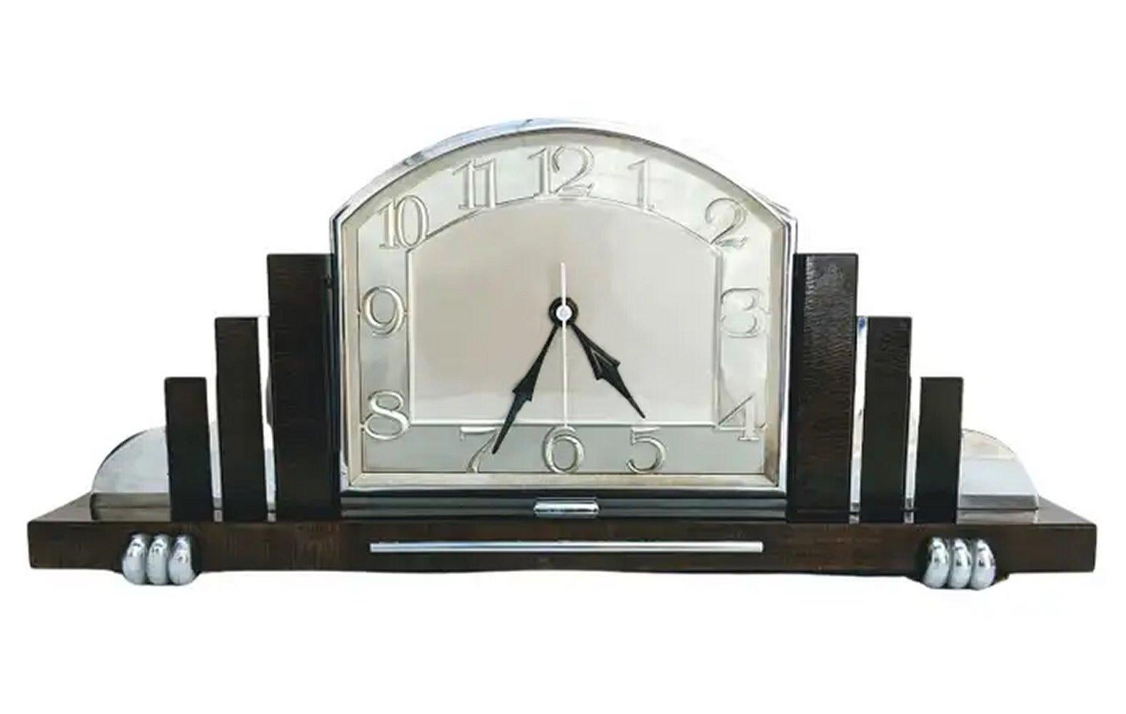 Art Deco Skyscraper Chrome & Walnut 8 Day Mantle Clock, English, circa 1930 3