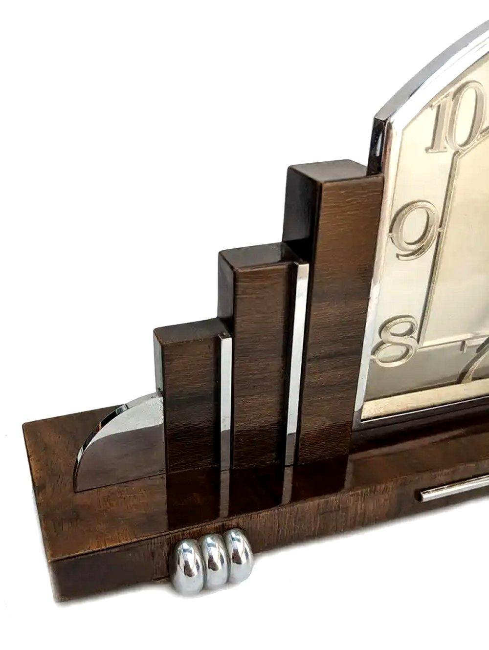 Art Deco Skyscraper Chrome & Walnut 8 Day Mantle Clock, English, circa 1930 4