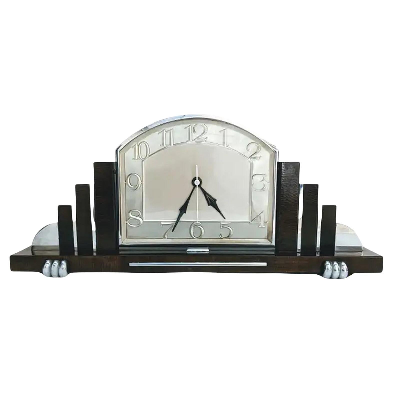 Art Deco Skyscraper Chrome & Walnut 8 Day Mantle Clock, English, circa 1930