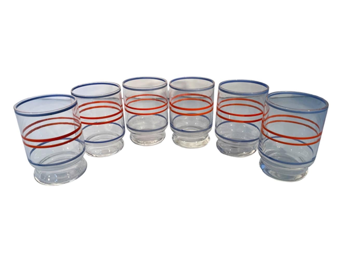 20th Century Art Deco Skyscraper Cocktail Shaker and 6 Cocktail Glasses w/Blue & Orange Lines For Sale