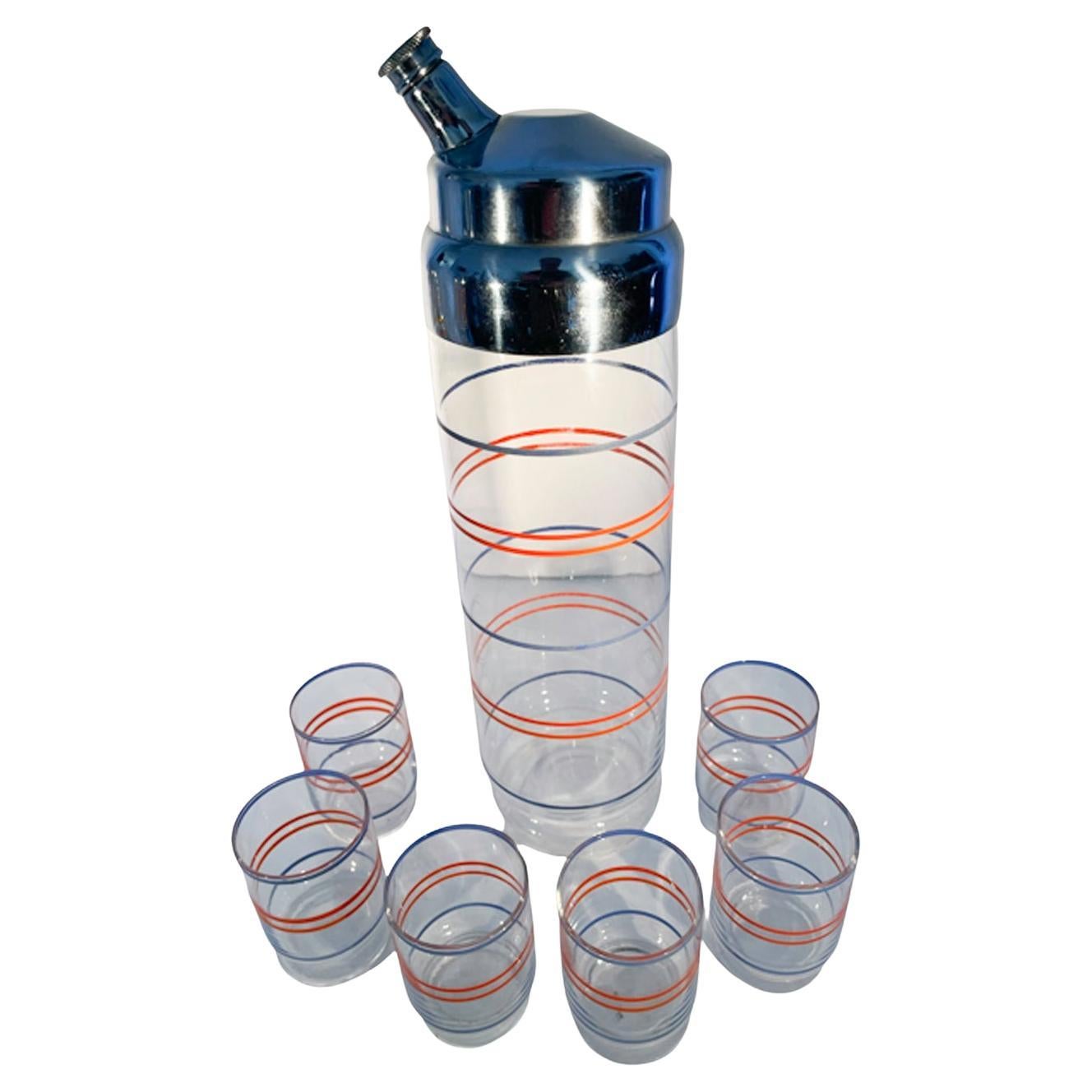 Art Deco Skyscraper Cocktail Shaker and 6 Cocktail Glasses w/Blue & Orange Lines For Sale