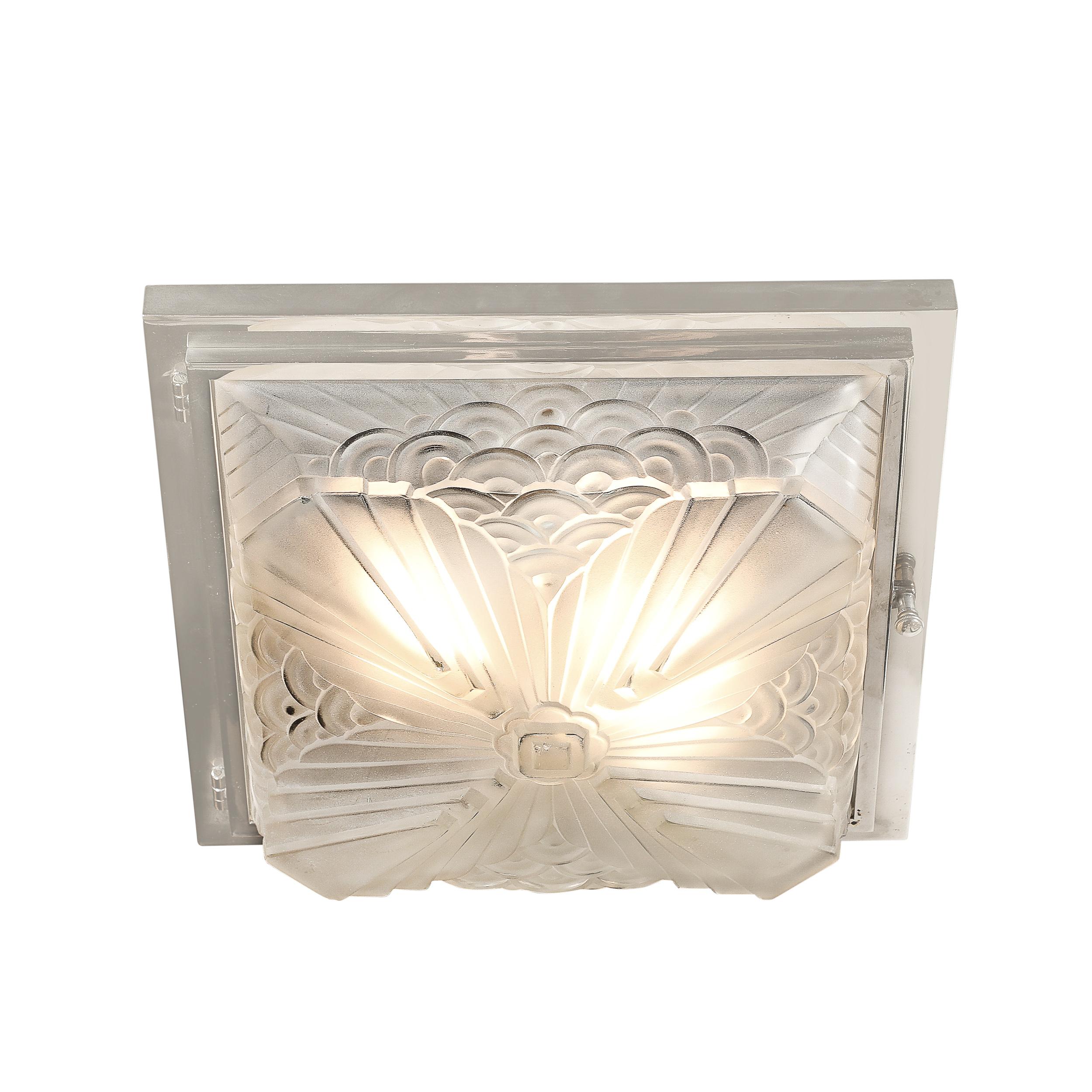 French Art Deco Skyscraper Cubist Cloud Form Nickel Flush Mount Chandelier by Schneider For Sale