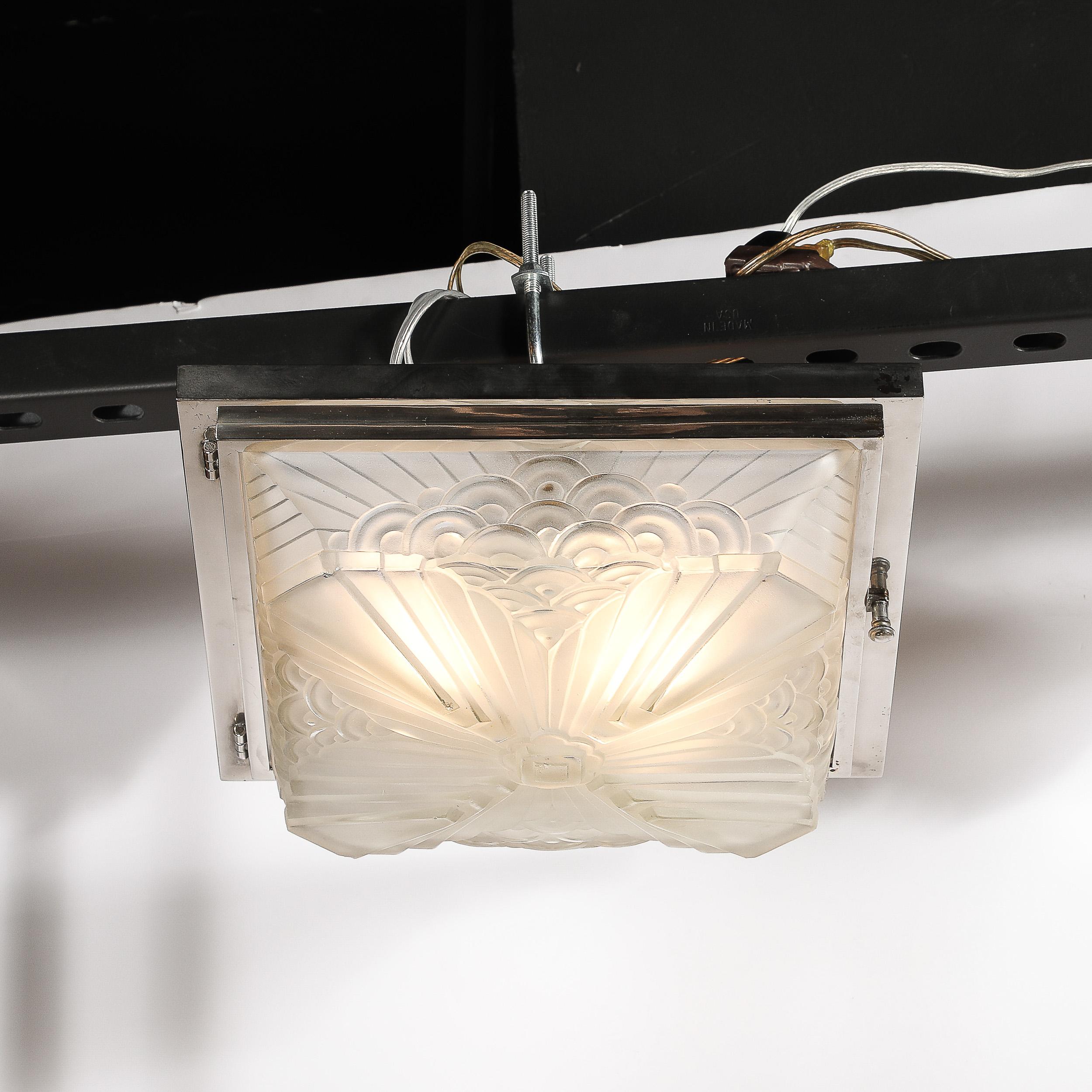 Glass Art Deco Skyscraper Cubist Cloud Form Nickel Flush Mount Chandelier by Schneider For Sale