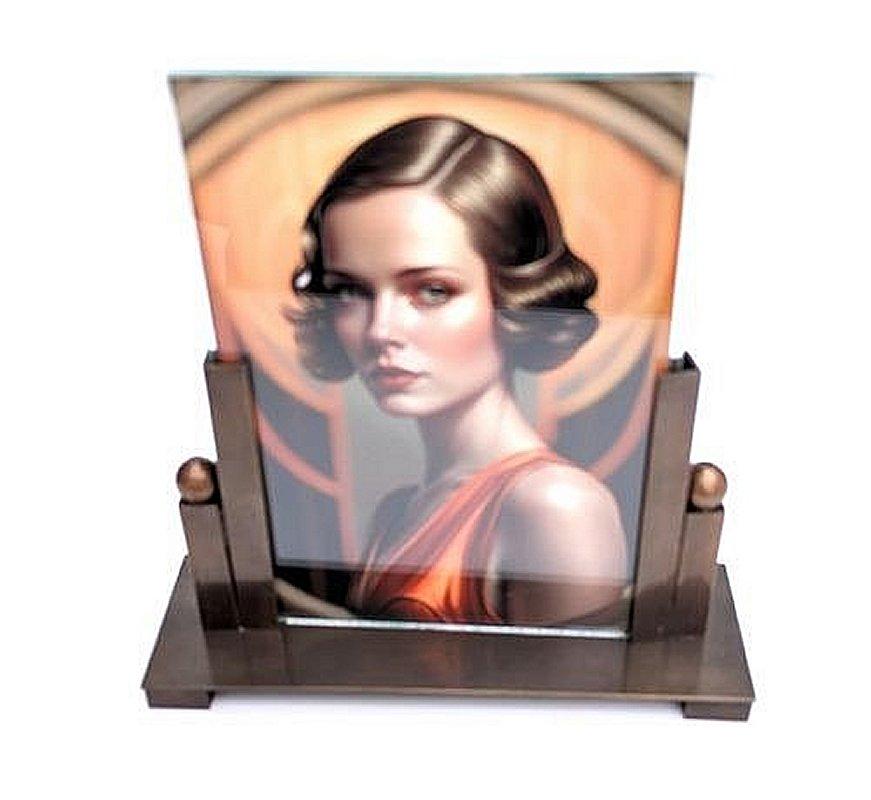 Super stylish 1930's Art Deco Modernist picture frame in what appears to be a bronze coloured type metal with glass inserts. The two pieces of glass slot into the side stands which allows an image to be displayed both sides of the free standing