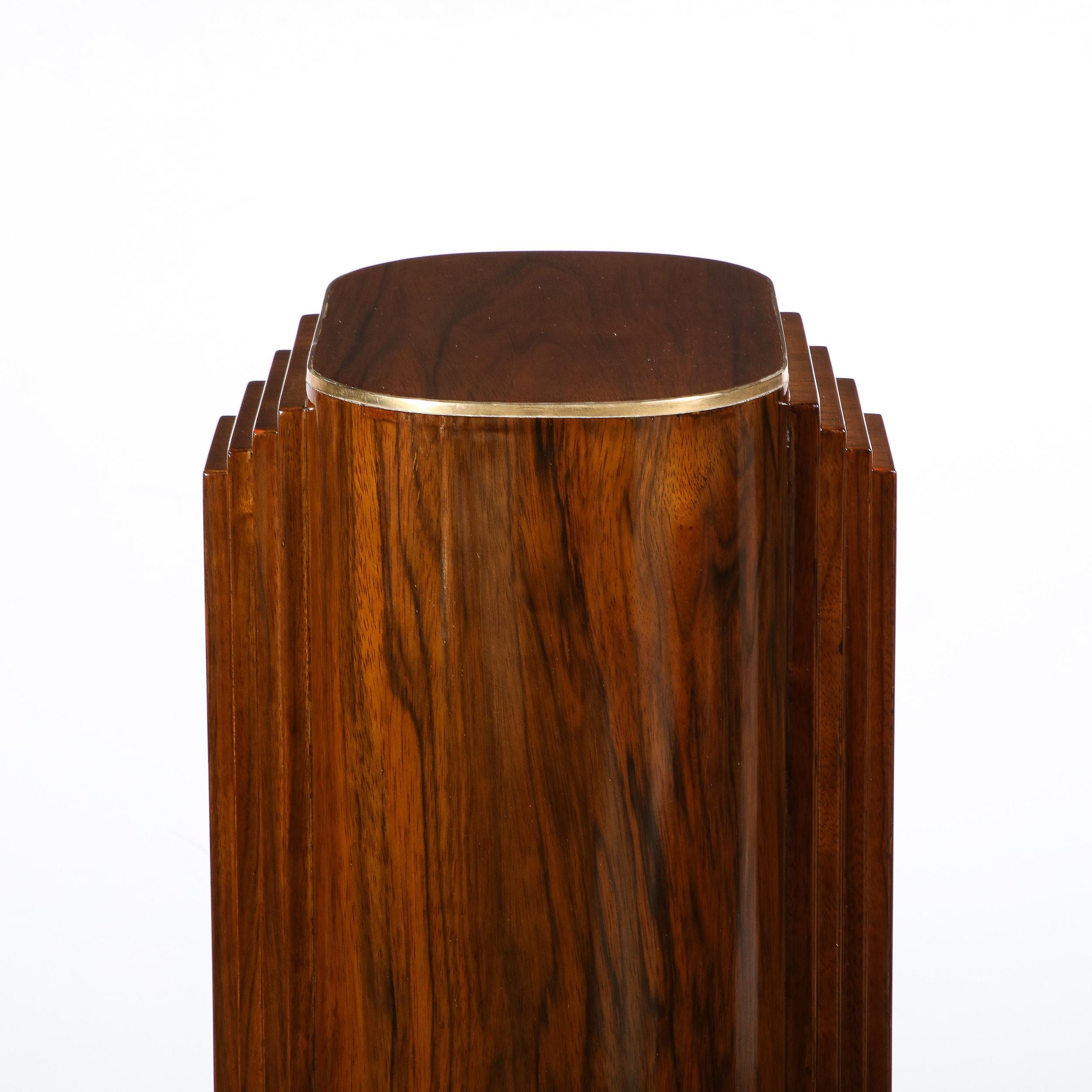 French Art Deco Skyscraper Hand-rubbed Book-matched Walnut Pedestal w/ Brass Inlays For Sale