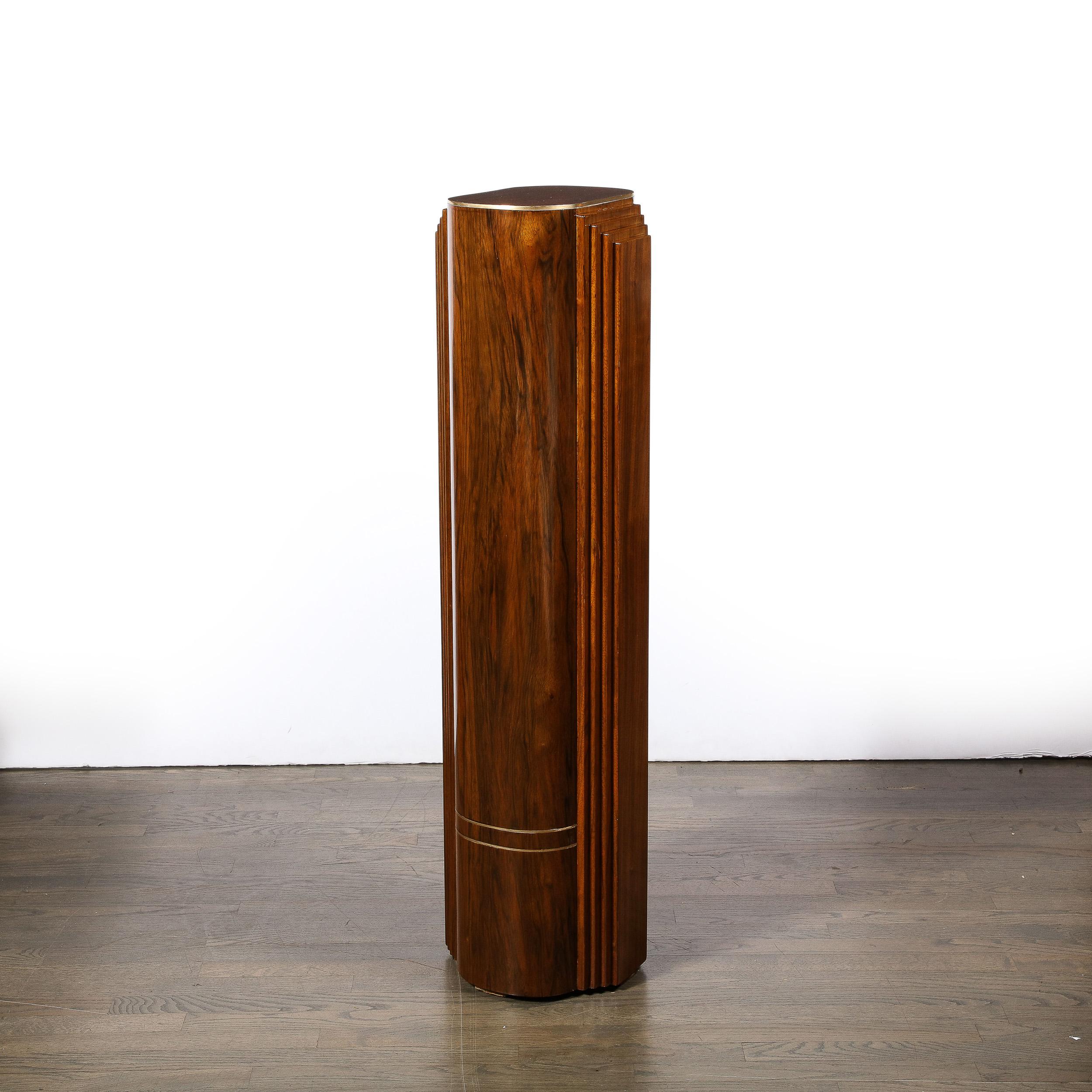 Mid-20th Century Art Deco Skyscraper Hand-rubbed Book-matched Walnut Pedestal w/ Brass Inlays For Sale