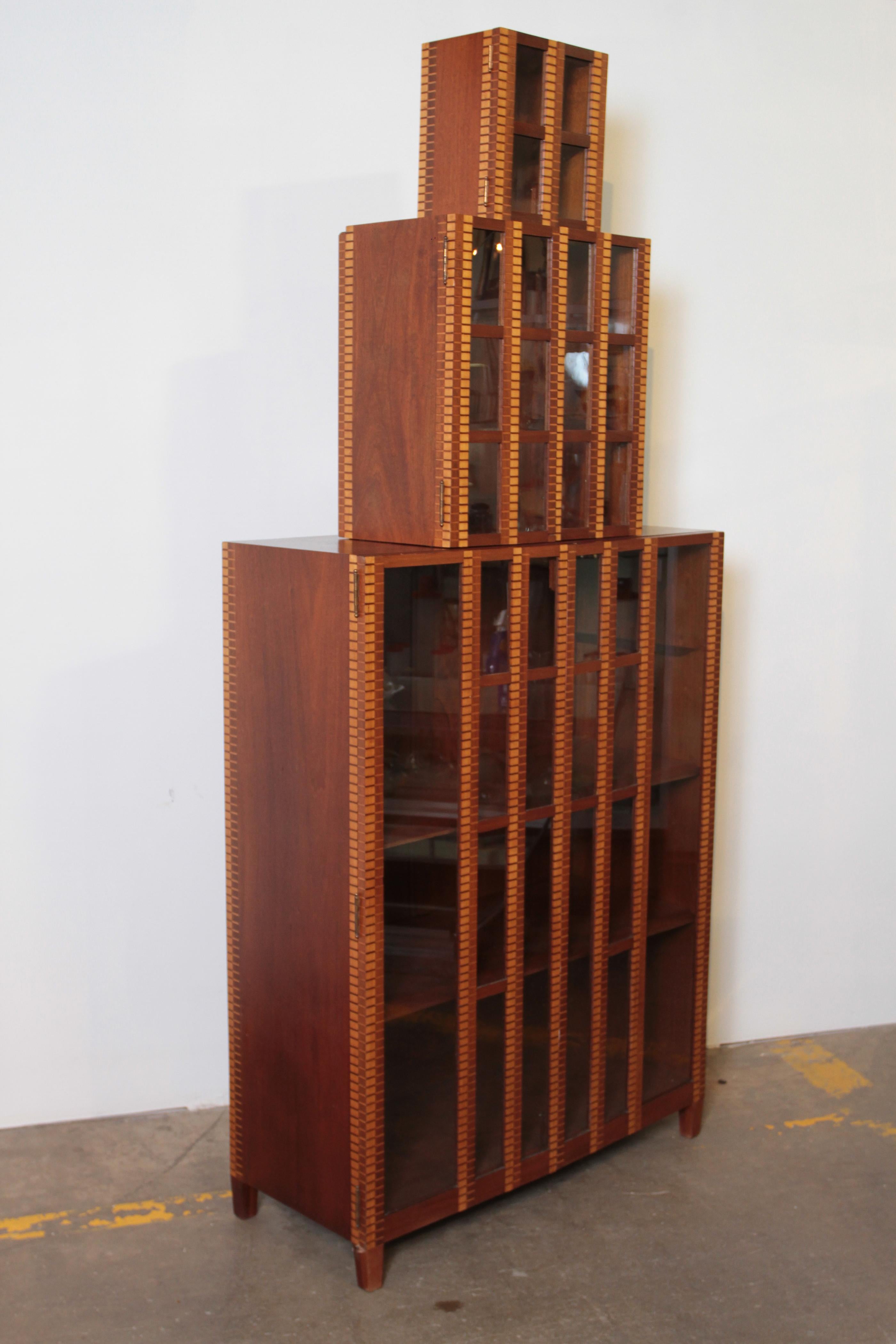 Art Deco Skyscraper Marquetry Bookcase Display Storage Cabinet, Three-Piece For Sale 4